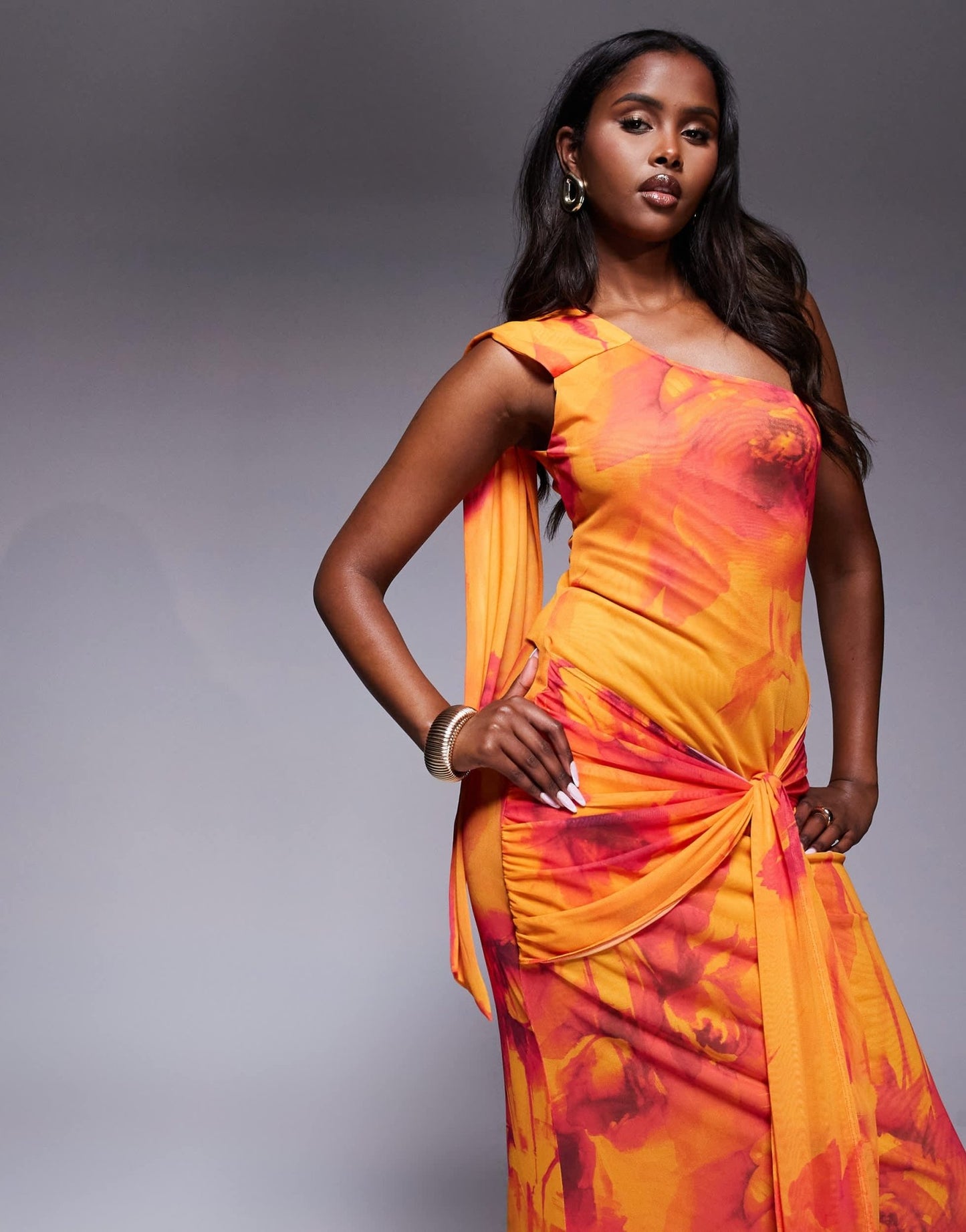 ASOS DESIGN one shoulder mesh maxi dress with knotted skirt detailing in orange floral print - ASOS Sample Sale