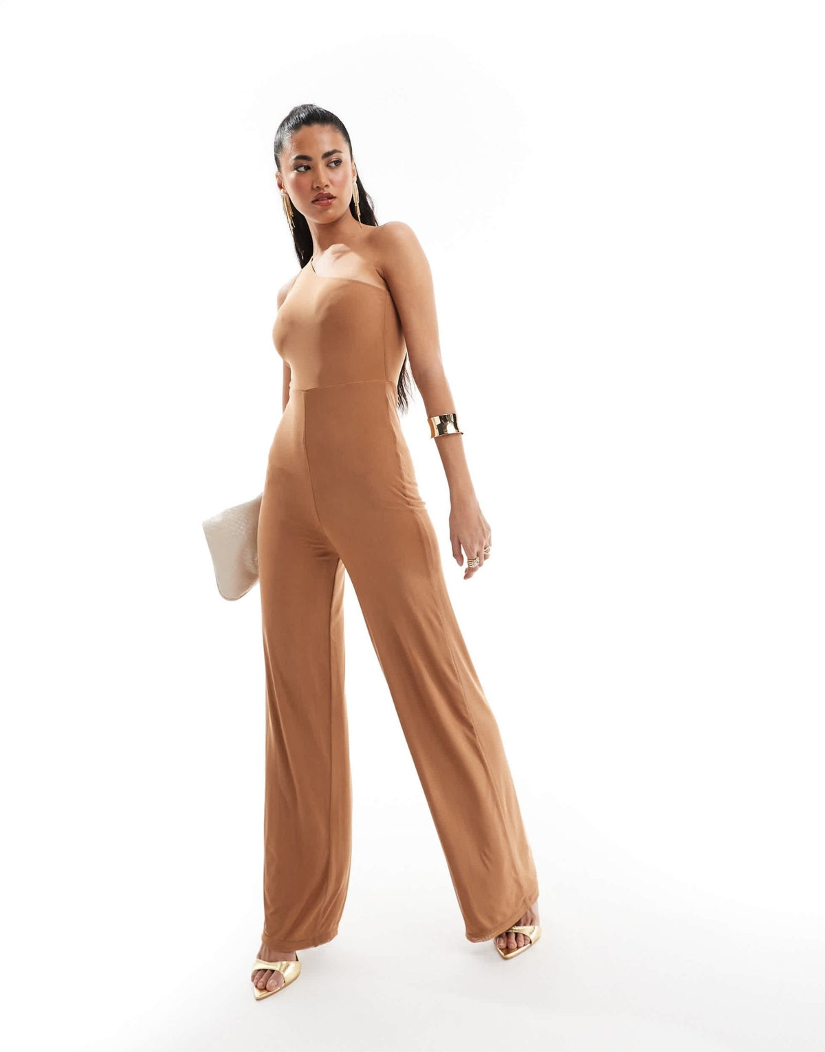 ASOS DESIGN one shoulder mesh wide leg jumpsuit in mocha - ASOS Sample Sale