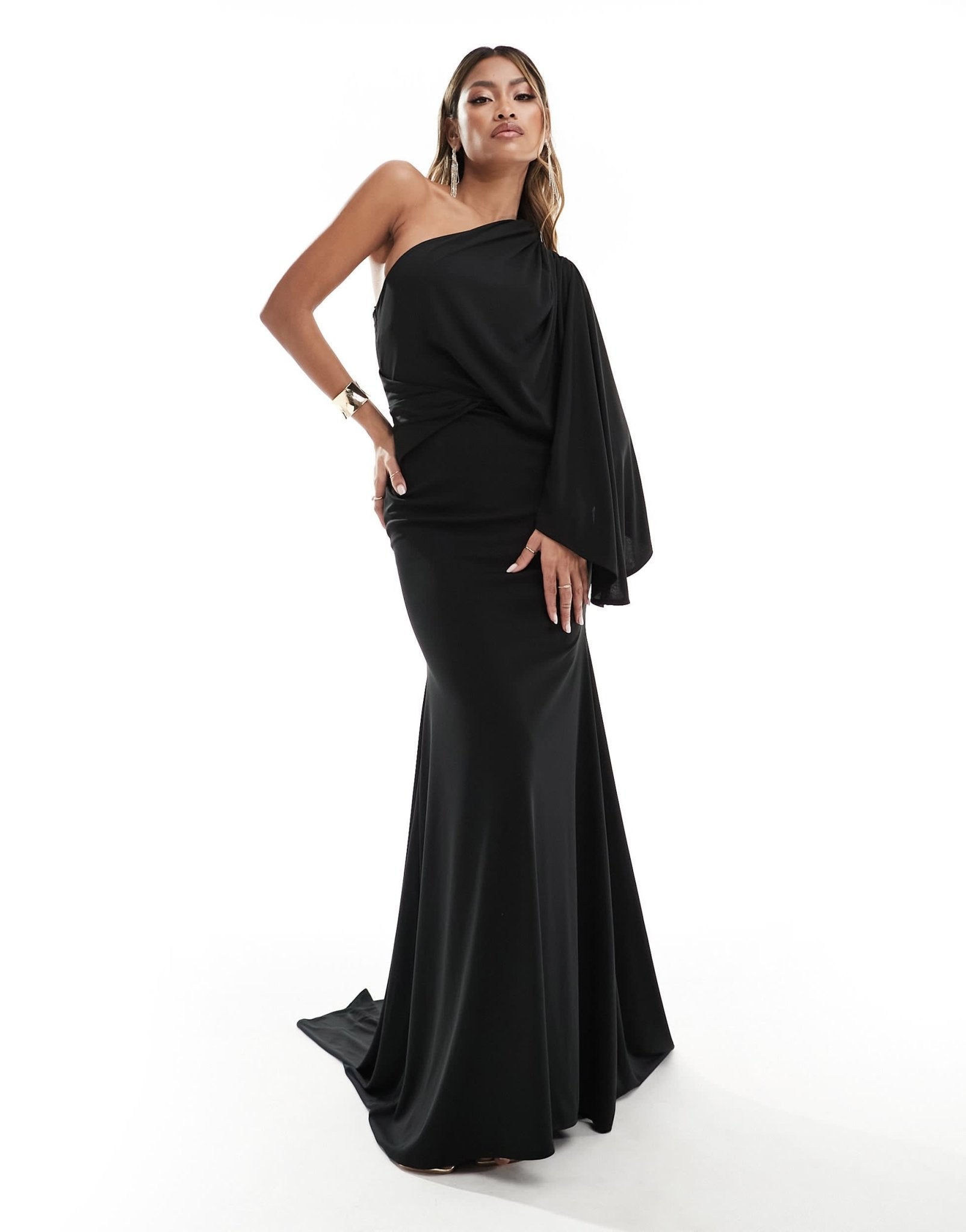 ASOS DESIGN one shoulder premium draped maxi dress with train detail in black - ASOS Sample Sale