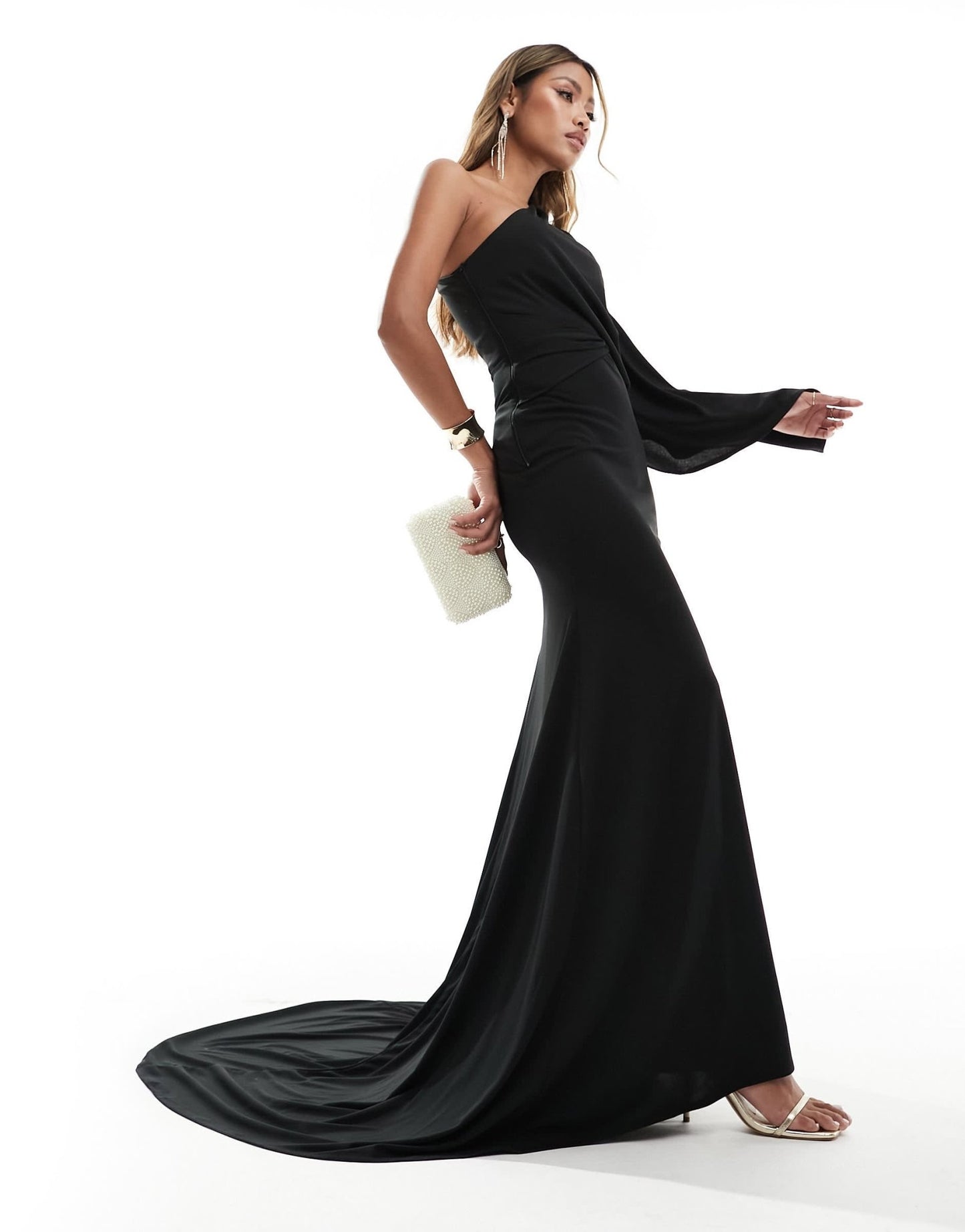ASOS DESIGN one shoulder premium draped maxi dress with train detail in black - ASOS Sample Sale
