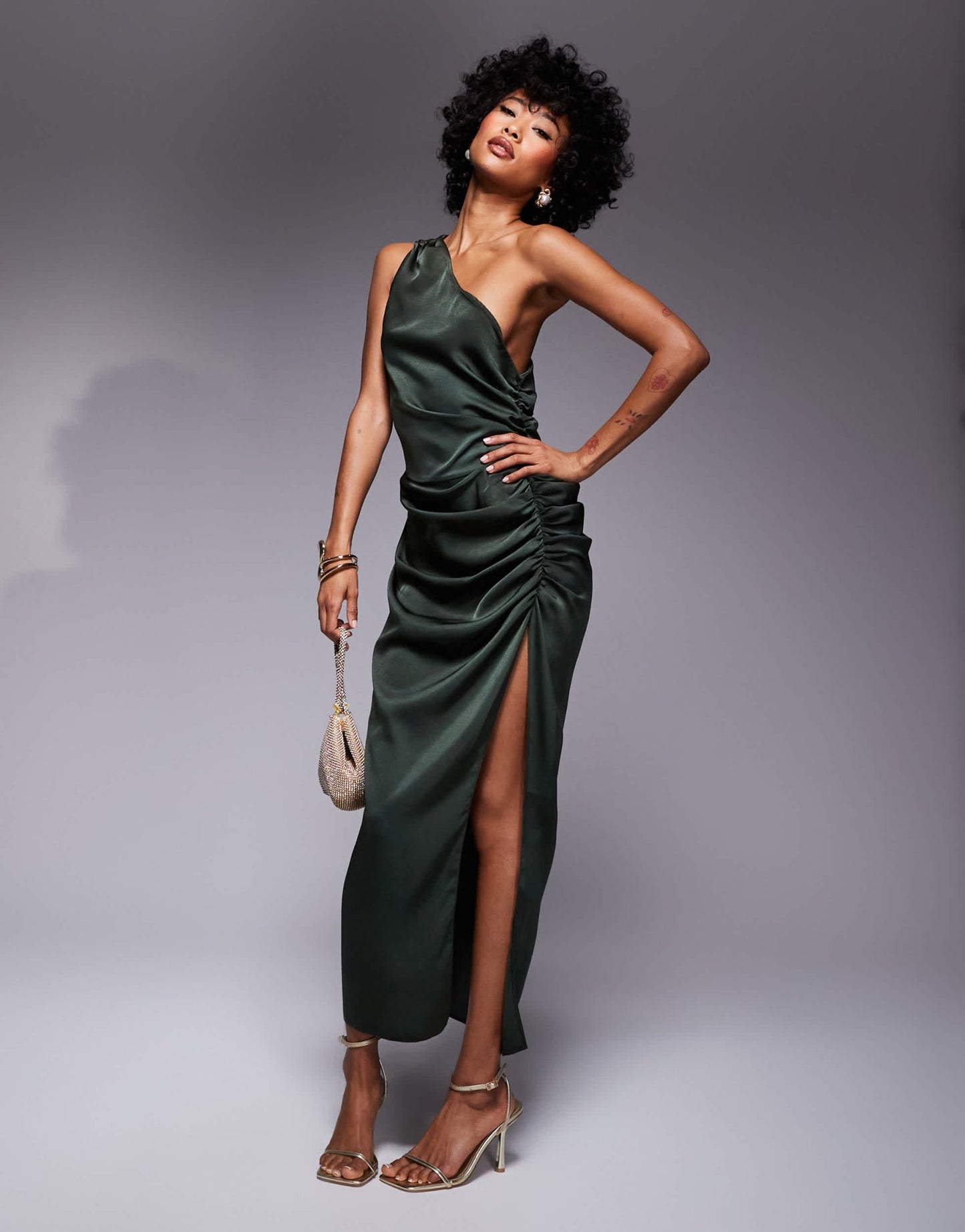 ASOS DESIGN one shoulder satin ruched side midi dress in dark green - ASOS Sample Sale