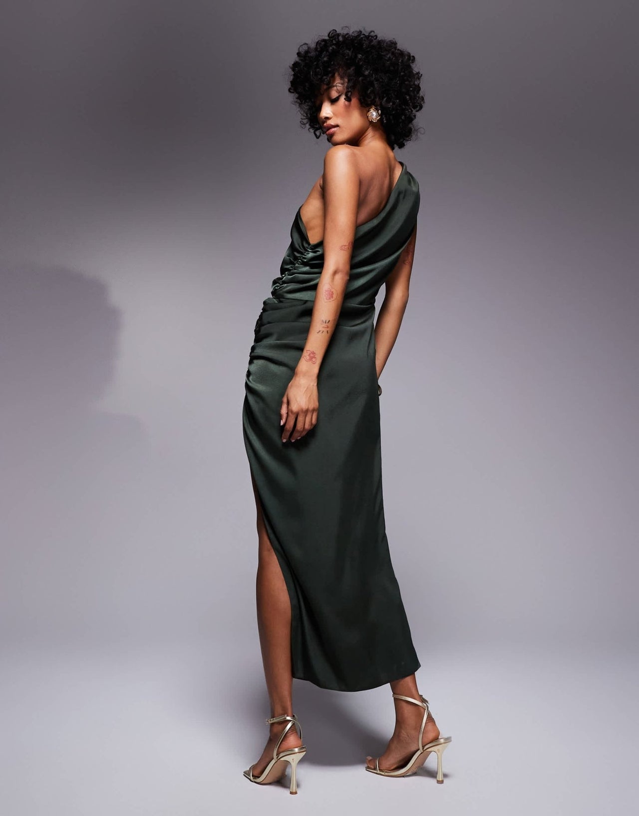 ASOS DESIGN one shoulder satin ruched side midi dress in dark green - ASOS Sample Sale