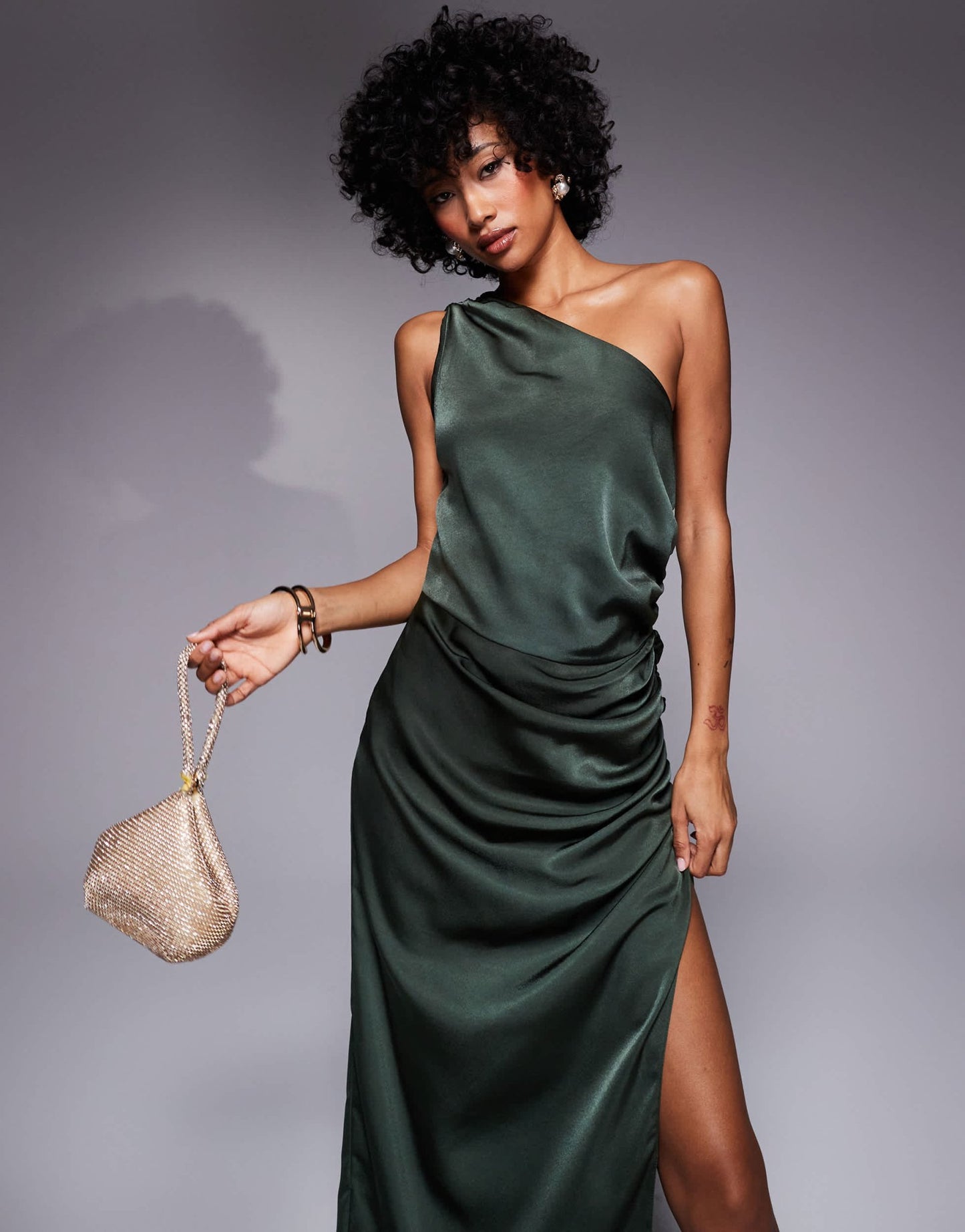 ASOS DESIGN one shoulder satin ruched side midi dress in dark green - ASOS Sample Sale