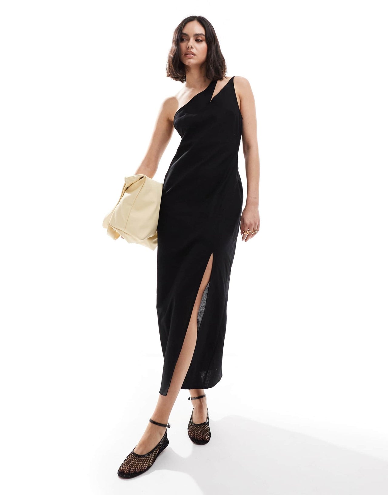 ASOS DESIGN one shoulder split strap linen midi sundress in black - ASOS Sample Sale
