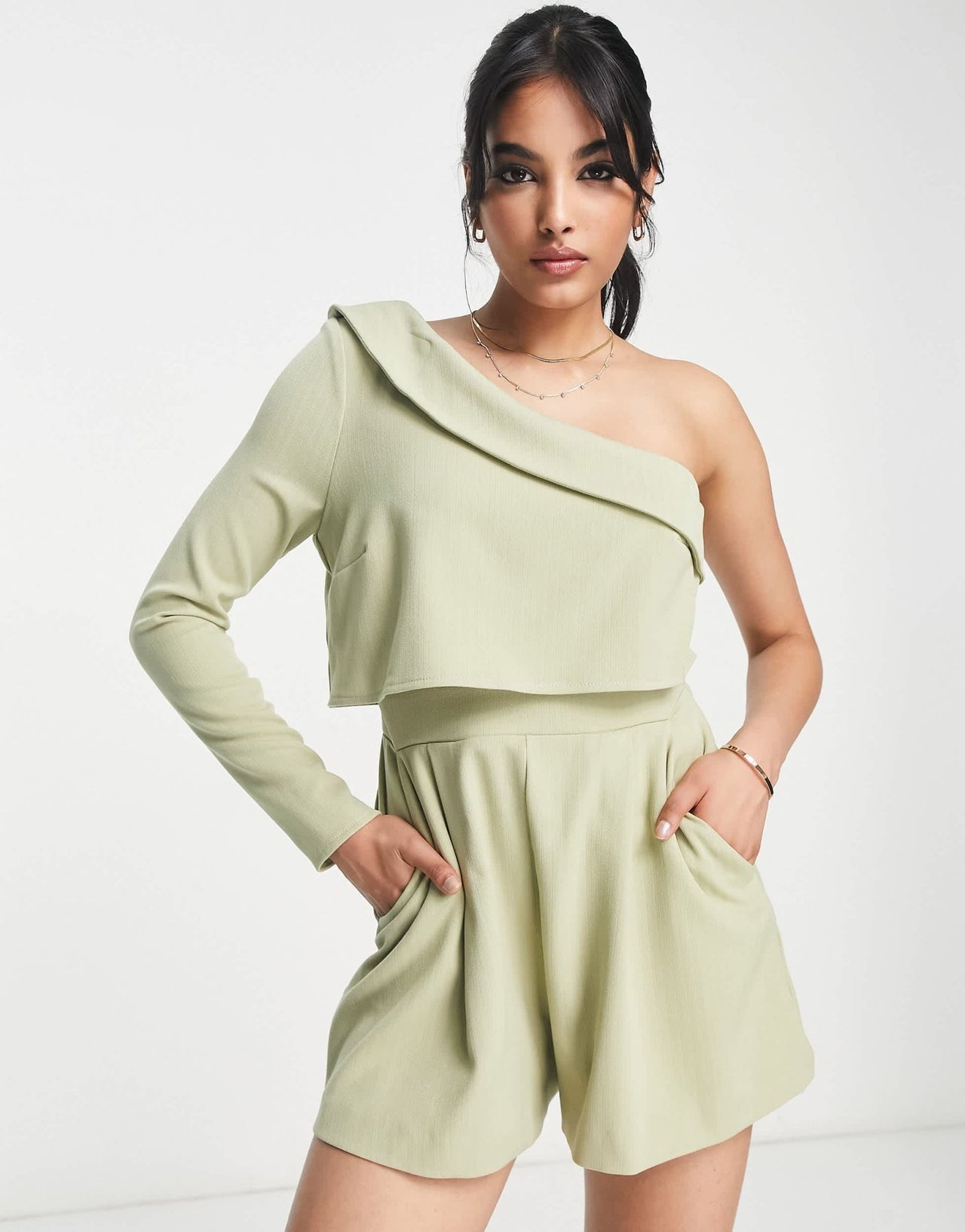 ASOS DESIGN one shoulder tailoring playsuit in sage - ASOS Sample Sale