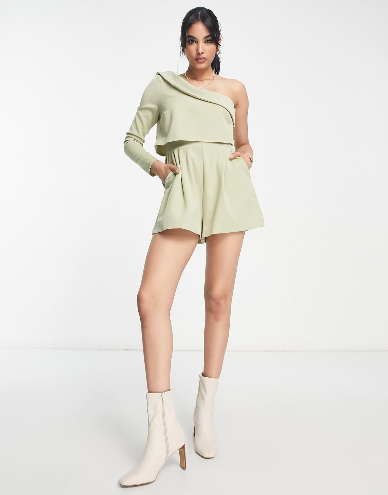 ASOS DESIGN one shoulder tailoring playsuit in sage - ASOS Sample Sale