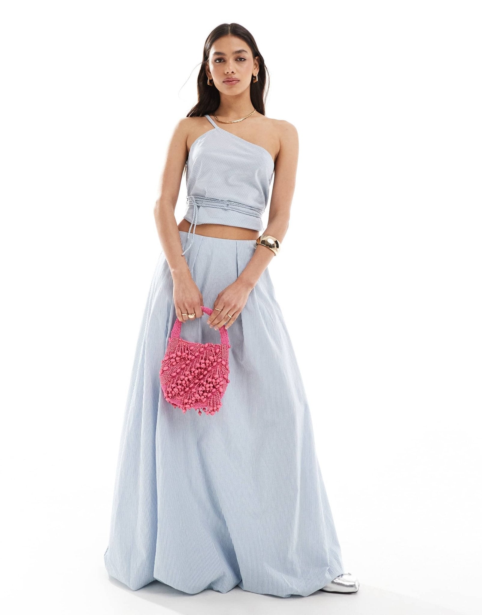 ASOS DESIGN one shoulder tie waist co - ord top in blue stripe - ASOS Sample Sale