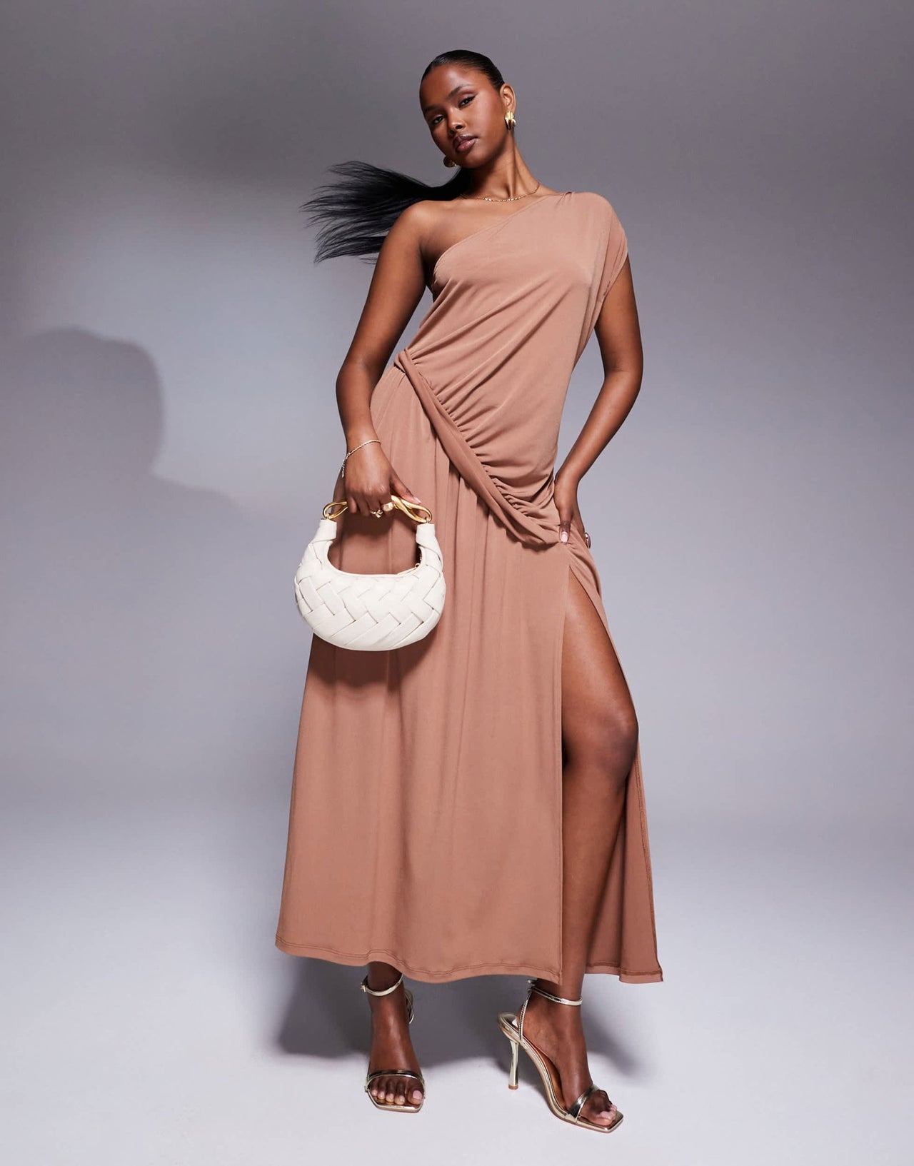 ASOS DESIGN one shoulder with ruching detail and side split maxi dress in mauve - ASOS Sample Sale