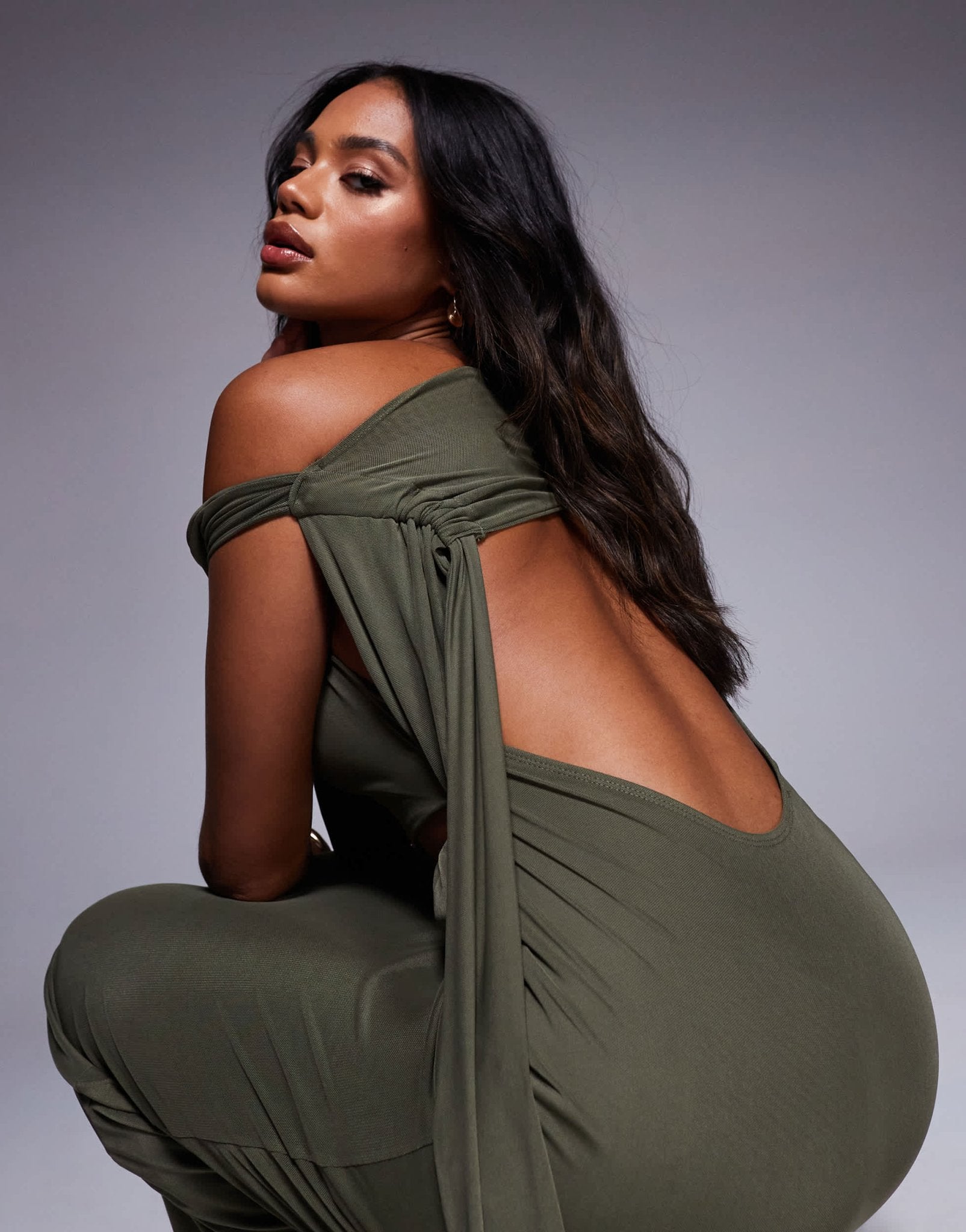 ASOS DESIGN one sleeve with open back with sash detail and mesh inserts midaxi dress in khaki - ASOS Sample Sale