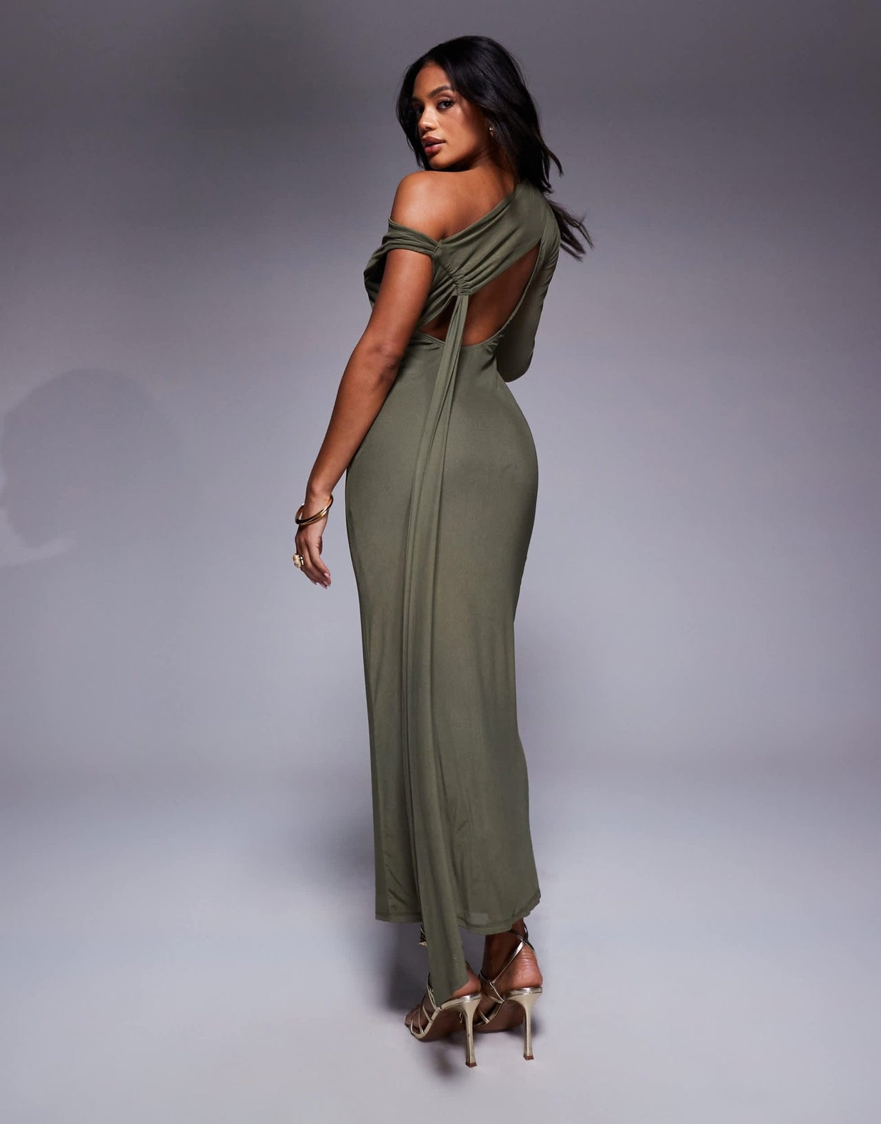 ASOS DESIGN one sleeve with open back with sash detail and mesh inserts midaxi dress in khaki - ASOS Sample Sale