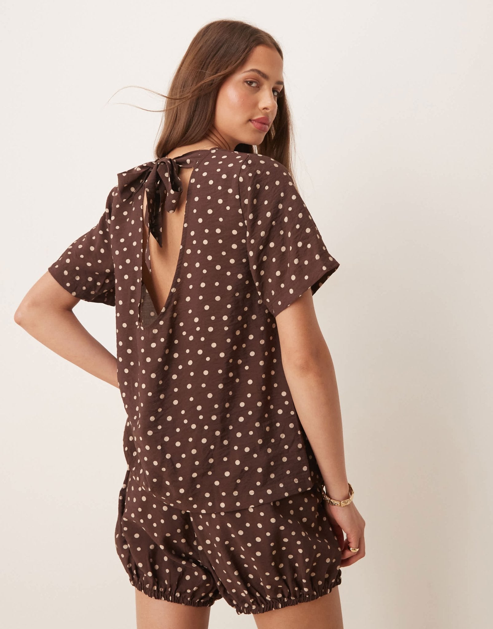 ASOS DESIGN open back tie top co-ord in brown spot print - ASOS Sample Sale