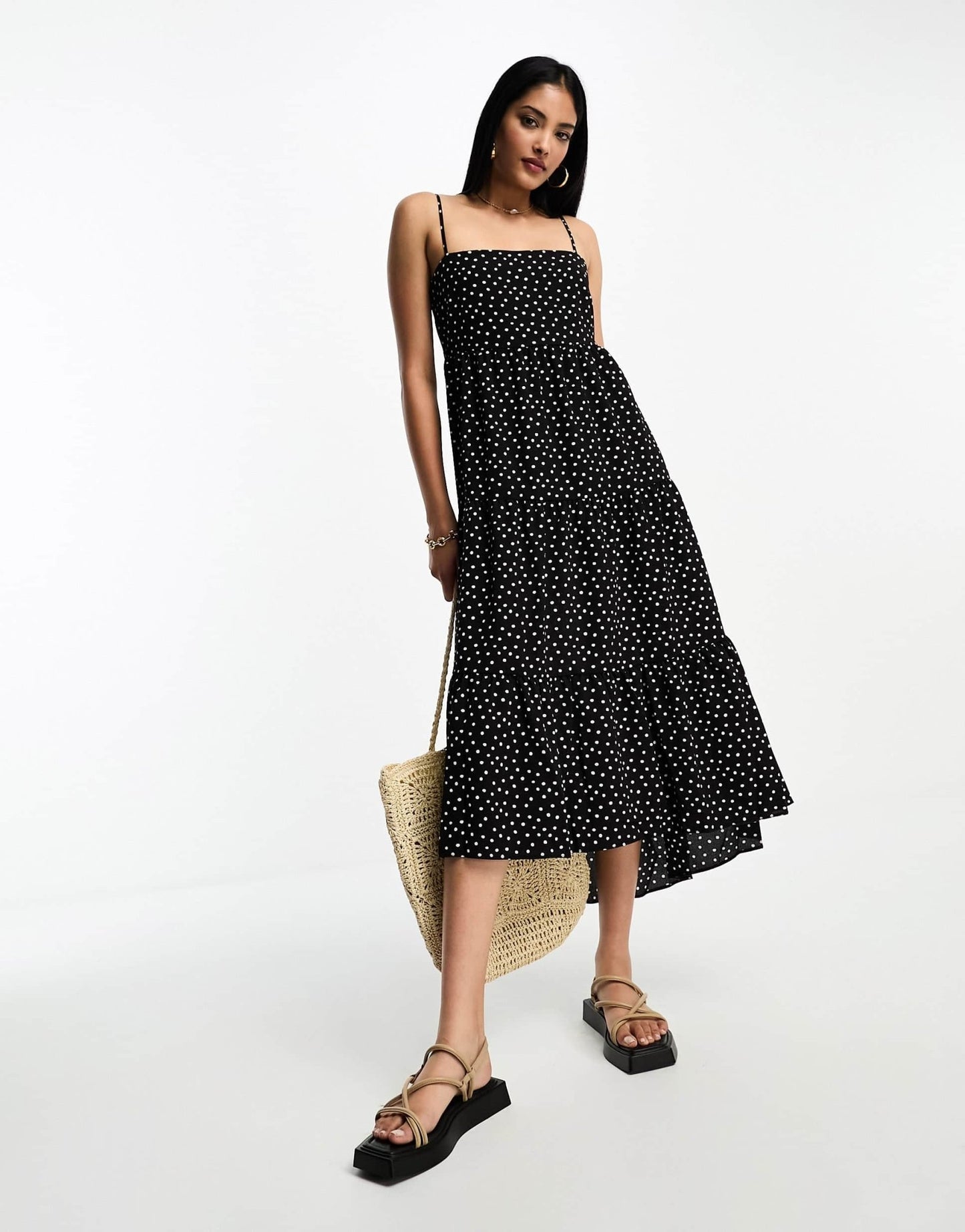 ASOS DESIGN open back tiered hi low hem maxi dress in mono spot - ASOS Sample Sale