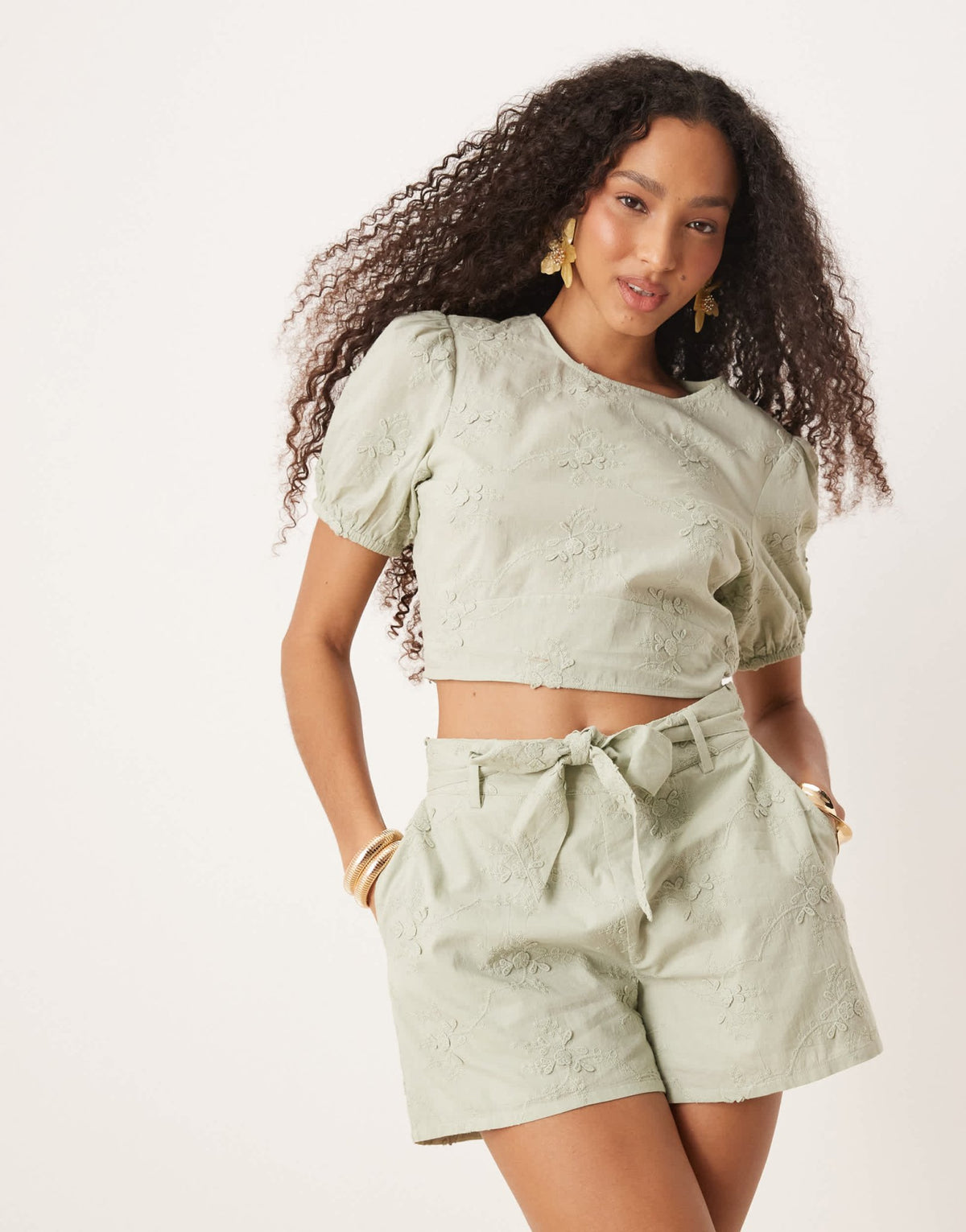 ASOS DESIGN open back top with 3D floral embroidery co-ord in green - ASOS Sample Sale