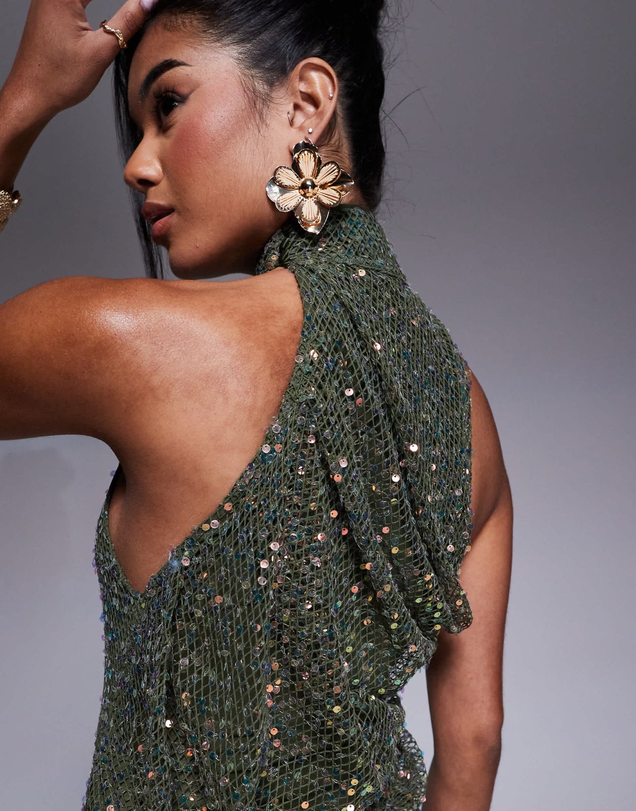 ASOS DESIGN open knit sequin halterneck maxi dress with twisted back detail in dark green - ASOS Sample Sale
