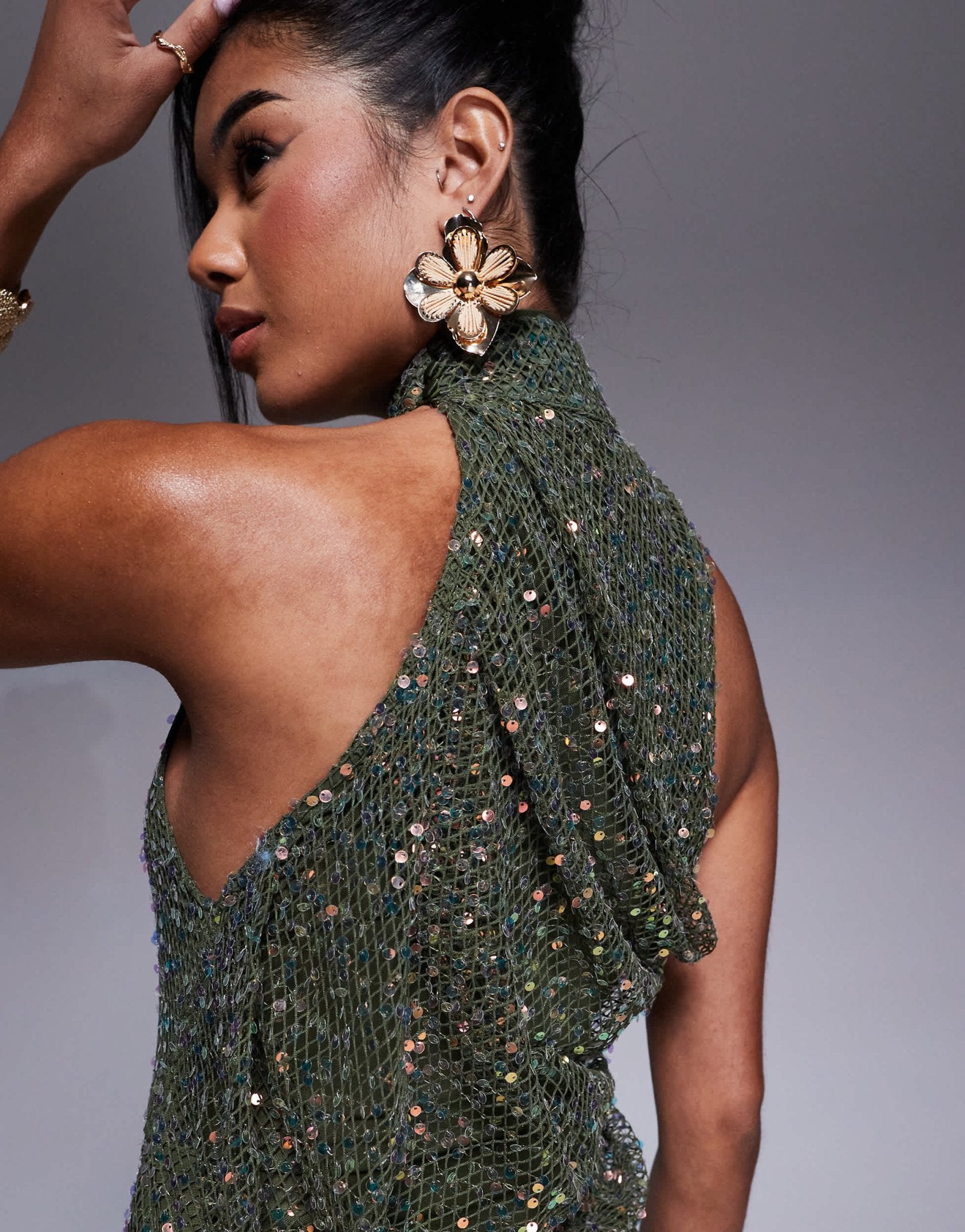 ASOS DESIGN open knit sequin halterneck maxi dress with twisted back detail in dark green - ASOS Sample Sale