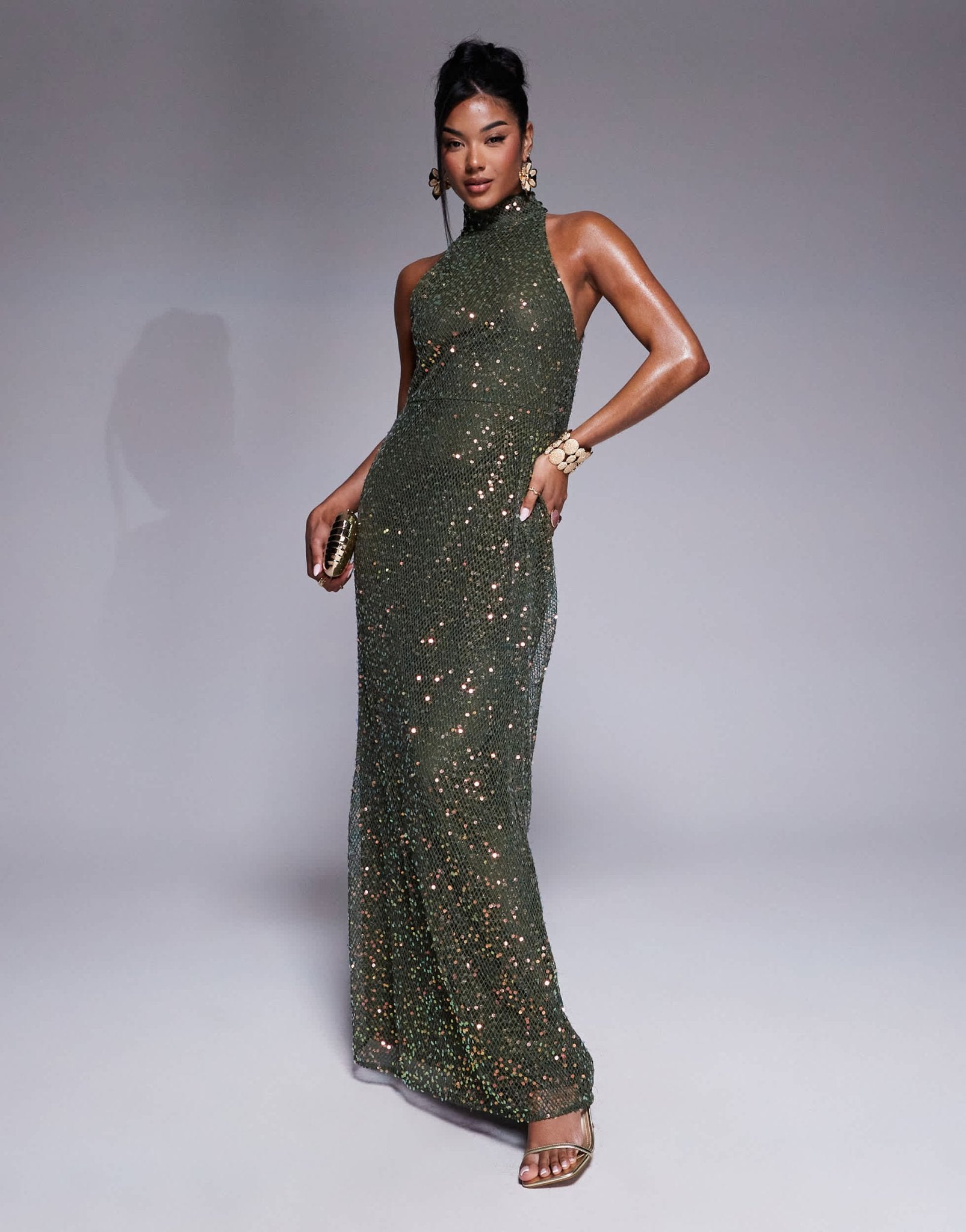 ASOS DESIGN open knit sequin halterneck maxi dress with twisted back detail in dark green - ASOS Sample Sale