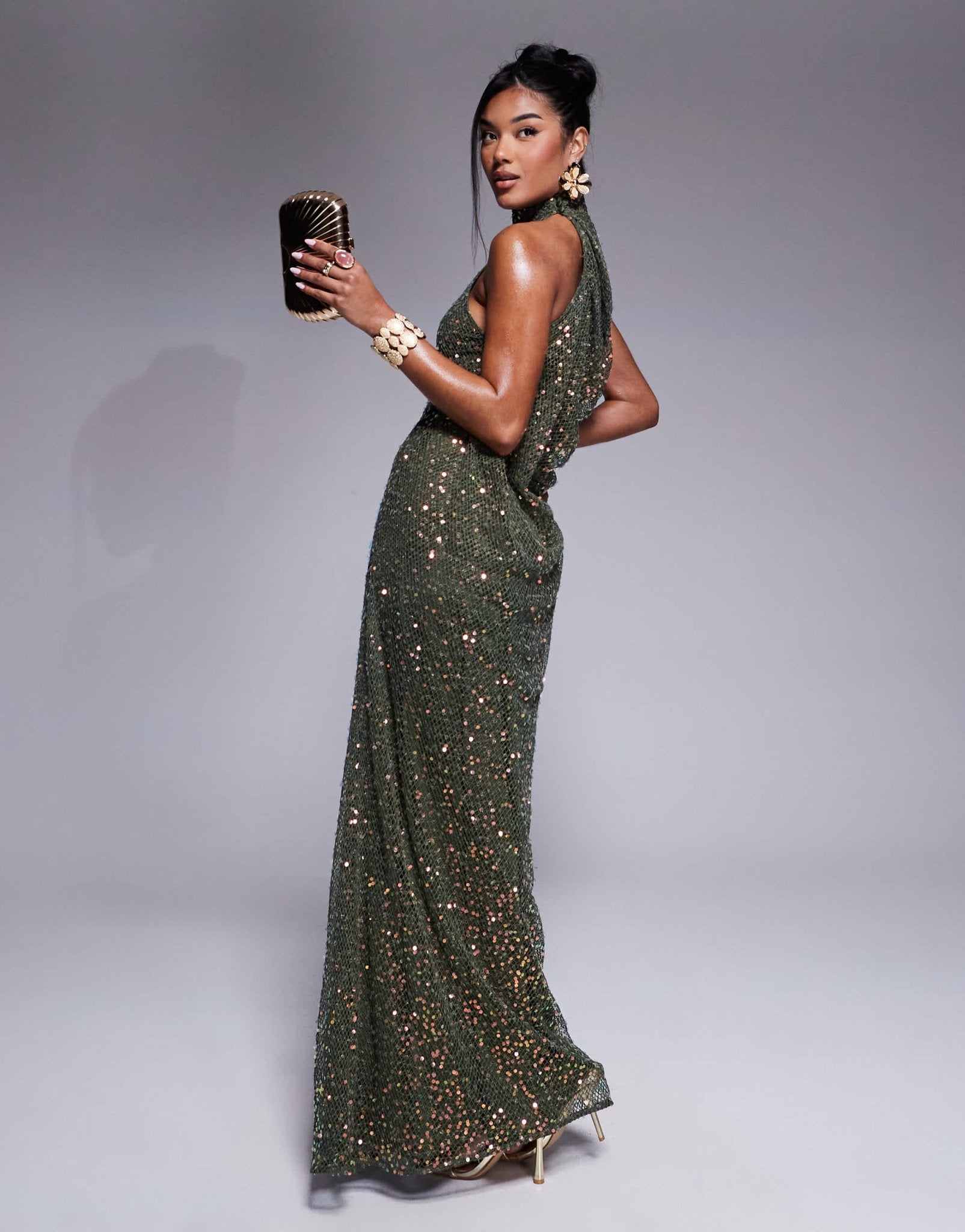 ASOS DESIGN open knit sequin halterneck maxi dress with twisted back detail in dark green - ASOS Sample Sale