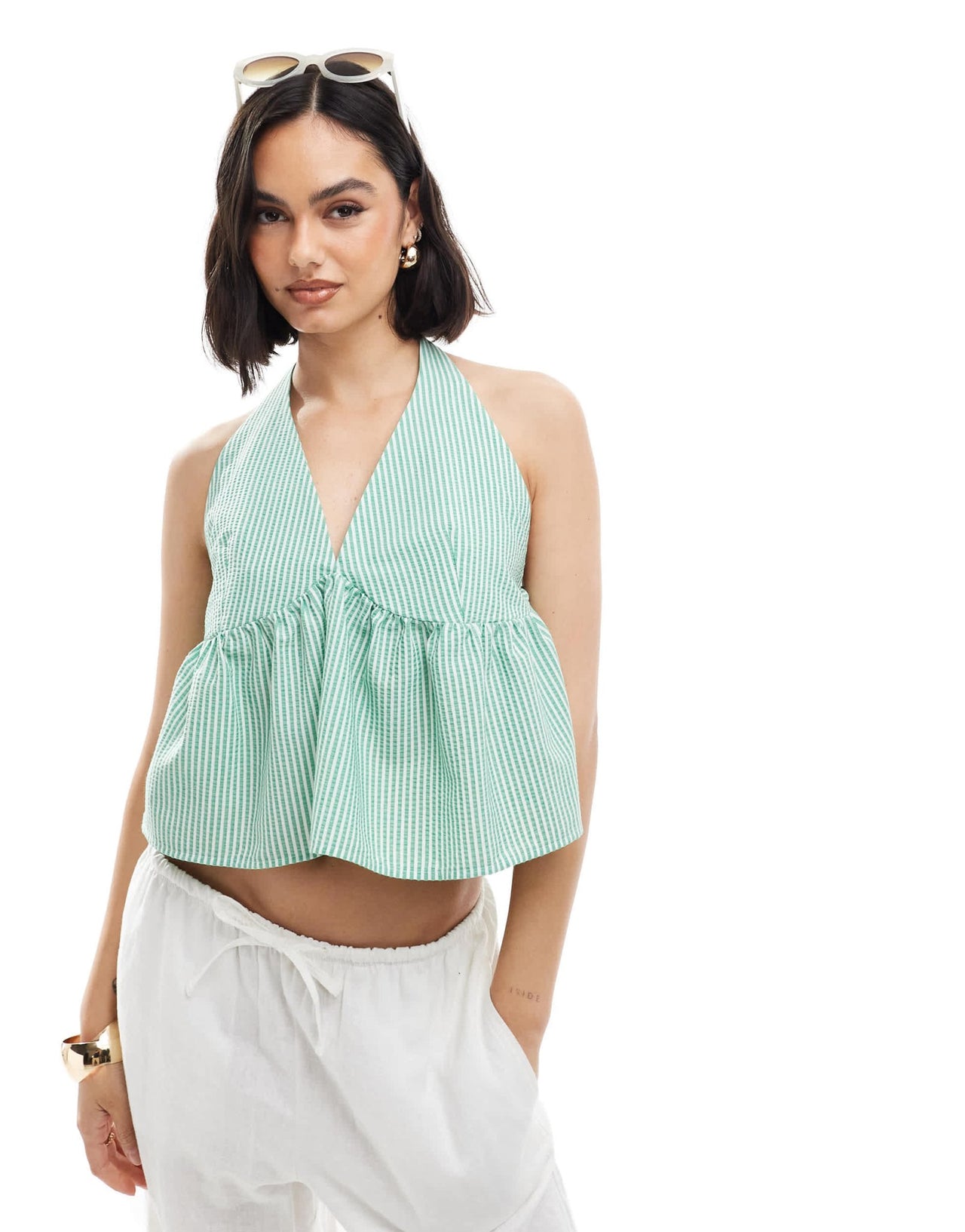 ASOS DESIGN open tie side halter top in green stripe - ASOS Sample Sale