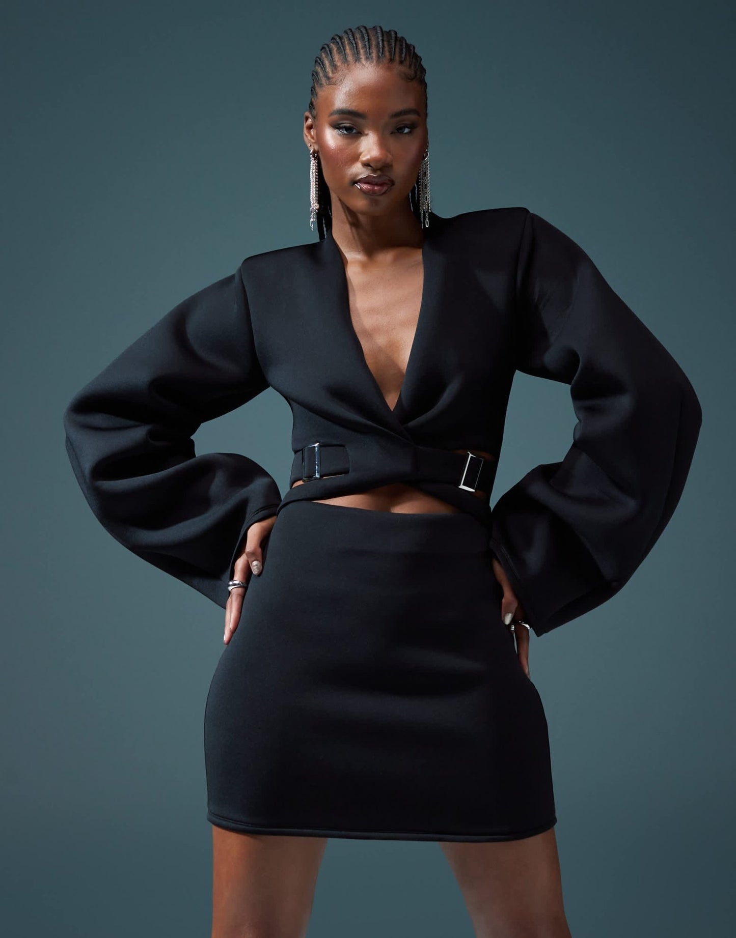 ASOS DESIGN over under belted detail micro mini dress with oversized sleeve in black in scuba - style fabric - ASOS Sample Sale