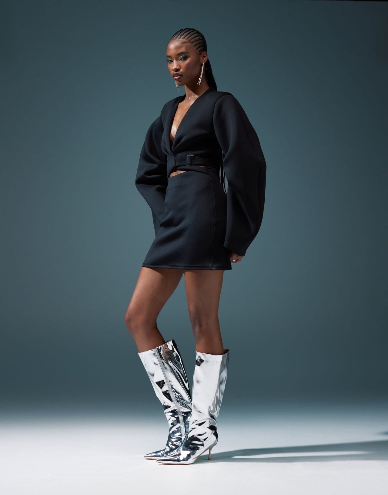 ASOS DESIGN over under belted detail micro mini dress with oversized sleeve in black in scuba - style fabric - ASOS Sample Sale