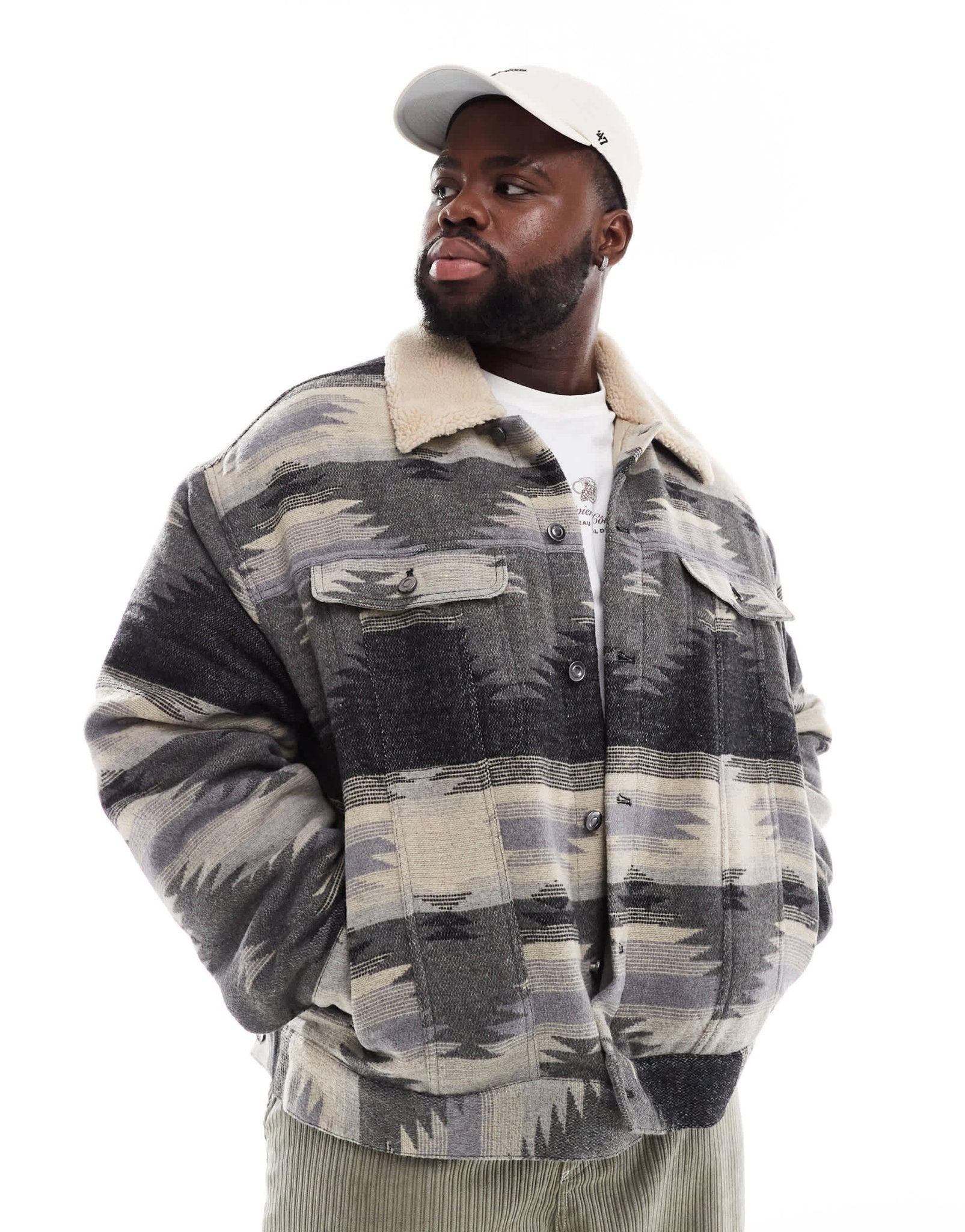 ASOS DESIGN oversized aztec design wool look harrington jacket in grey - ASOS Sample Sale