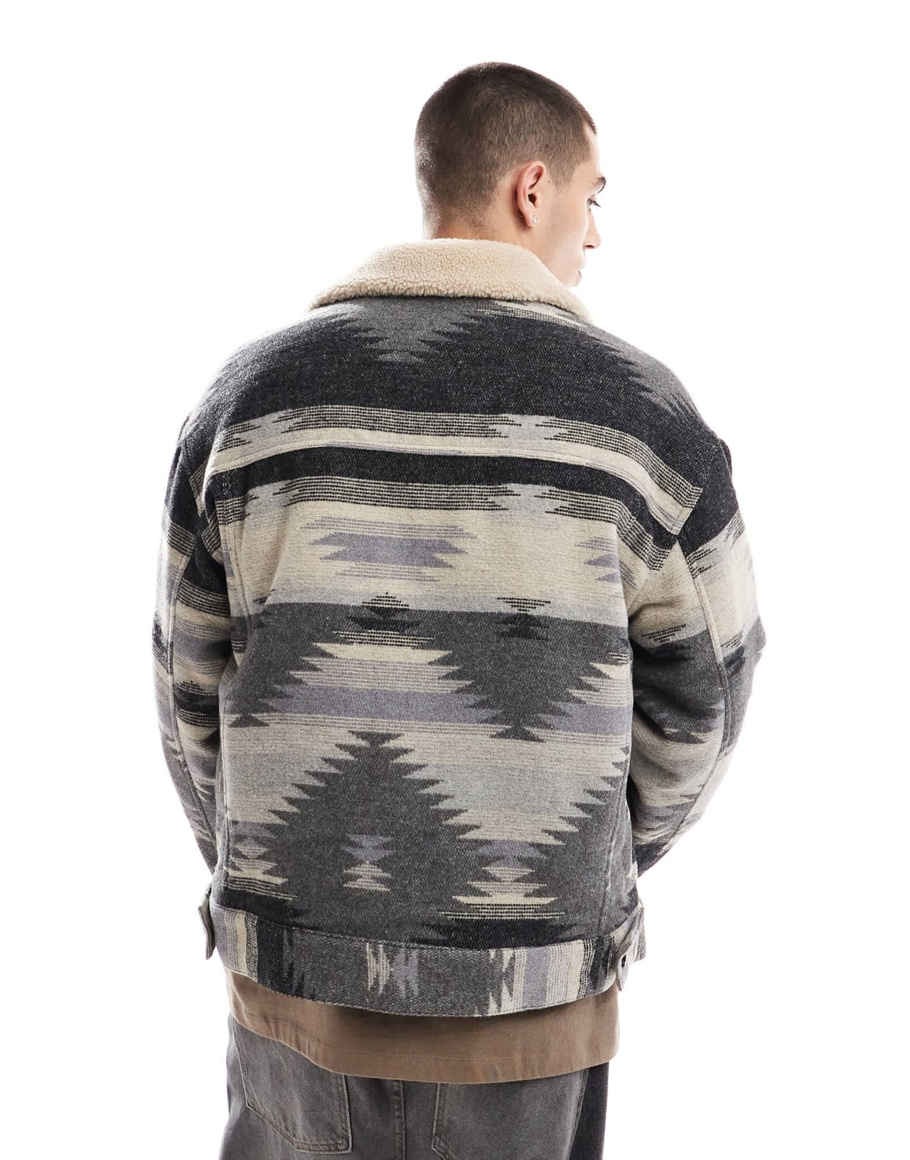 ASOS DESIGN oversized aztec design wool look harrington jacket in grey - ASOS Sample Sale