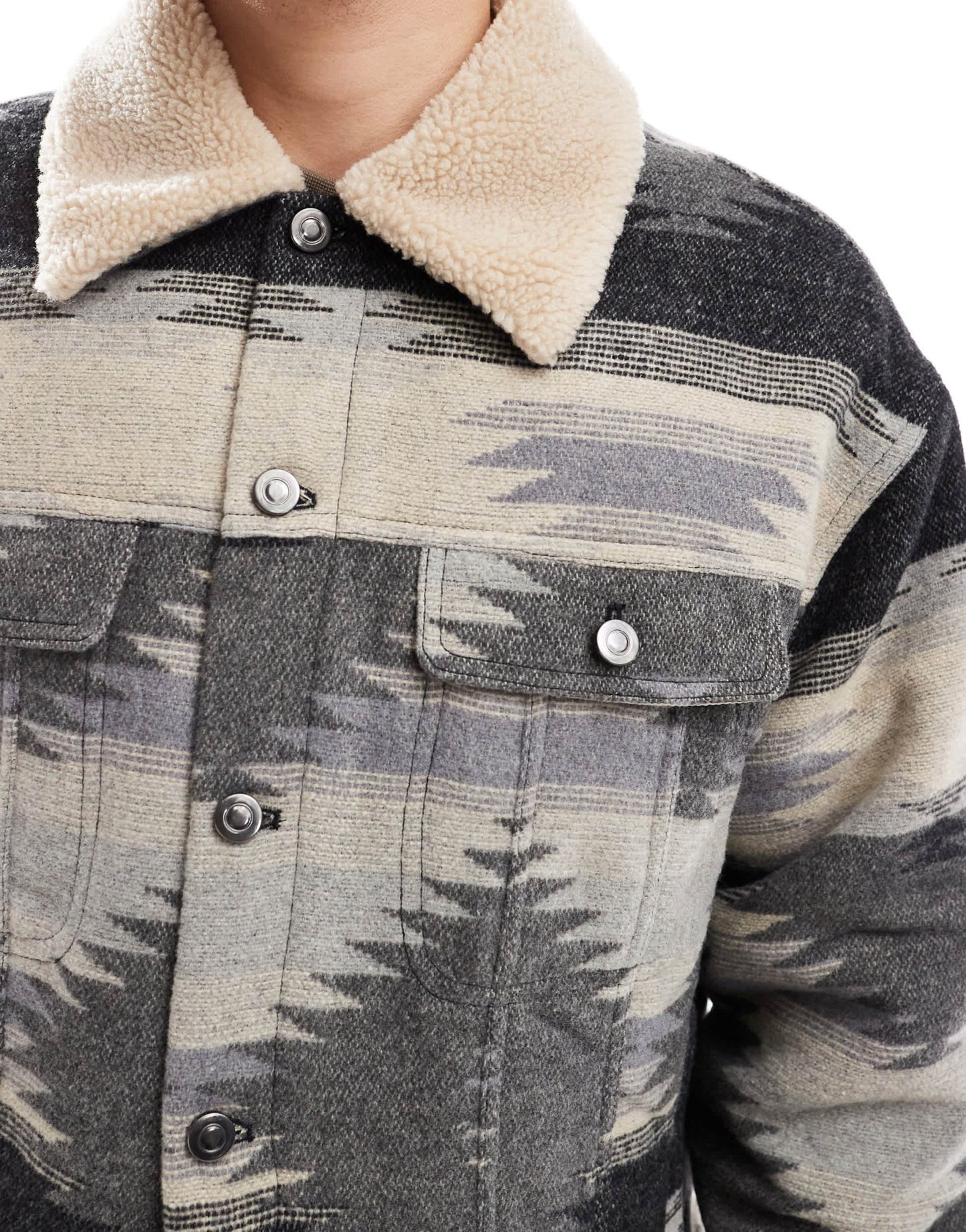 ASOS DESIGN oversized aztec design wool look harrington jacket in grey - ASOS Sample Sale