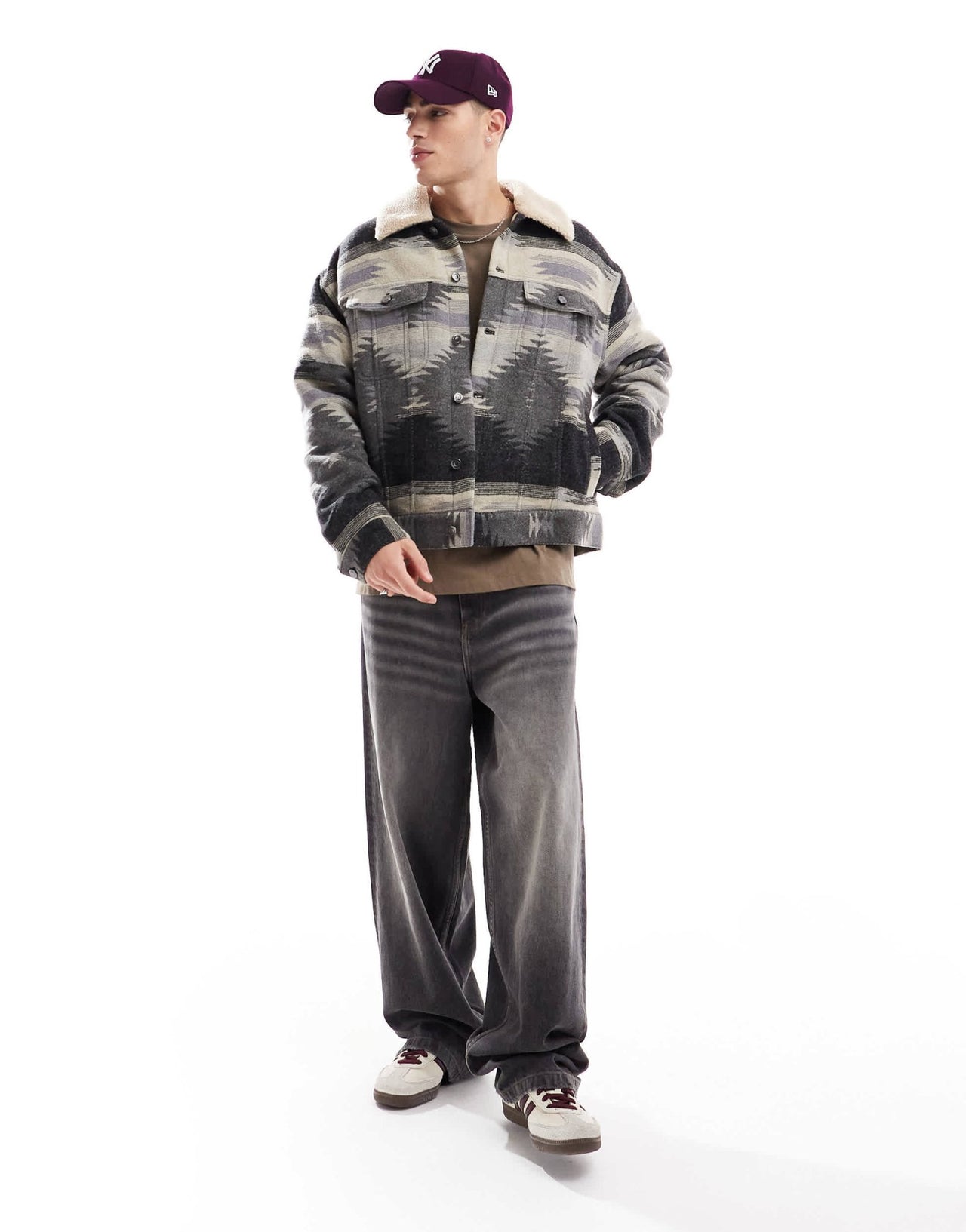 ASOS DESIGN oversized aztec design wool look harrington jacket in grey - ASOS Sample Sale