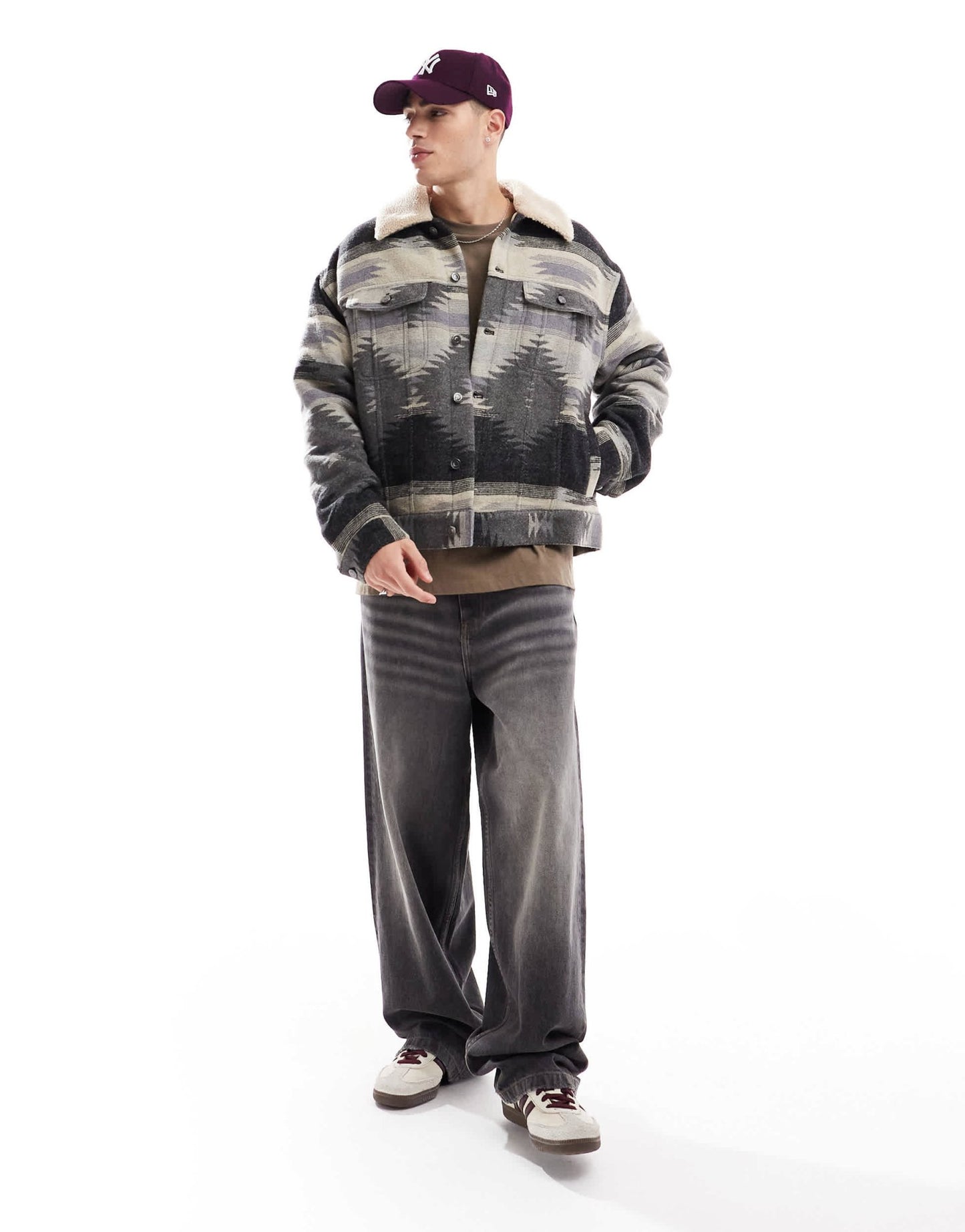 ASOS DESIGN oversized aztec design wool look harrington jacket in grey - ASOS Sample Sale