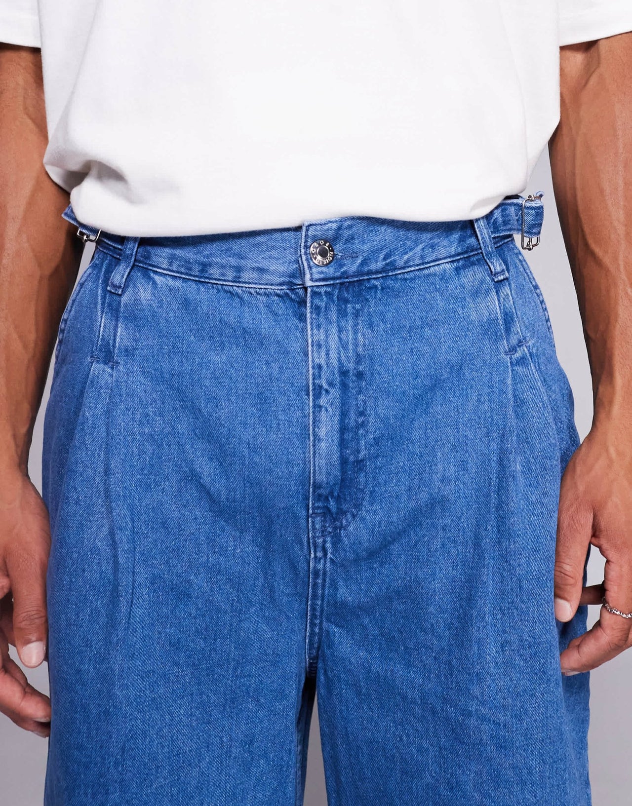 ASOS DESIGN oversized baggy jeans with side belts in mid wash blue - ASOS Sample Sale
