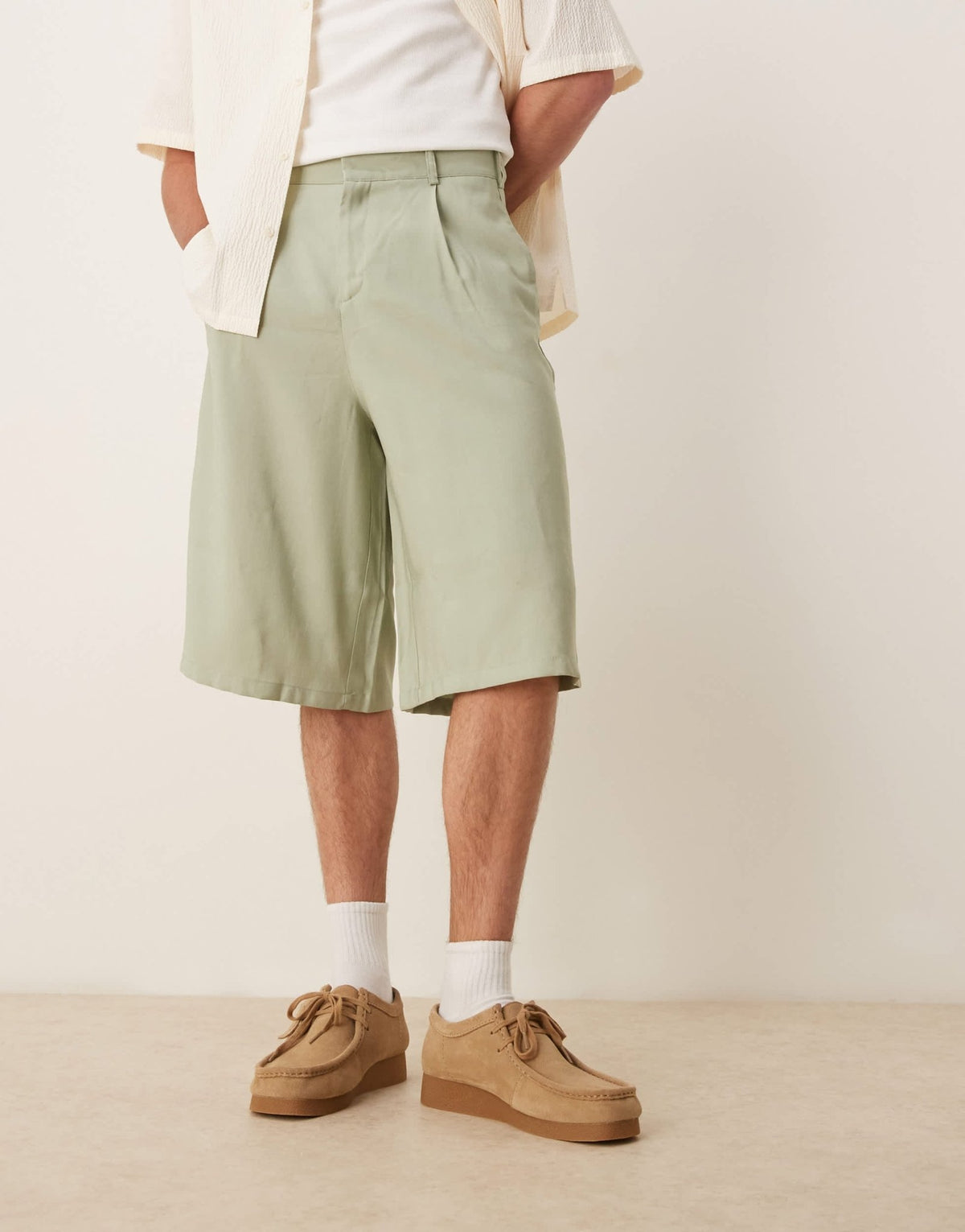 ASOS DESIGN oversized bemuda shorts with pleat details in sage - ASOS Sample Sale