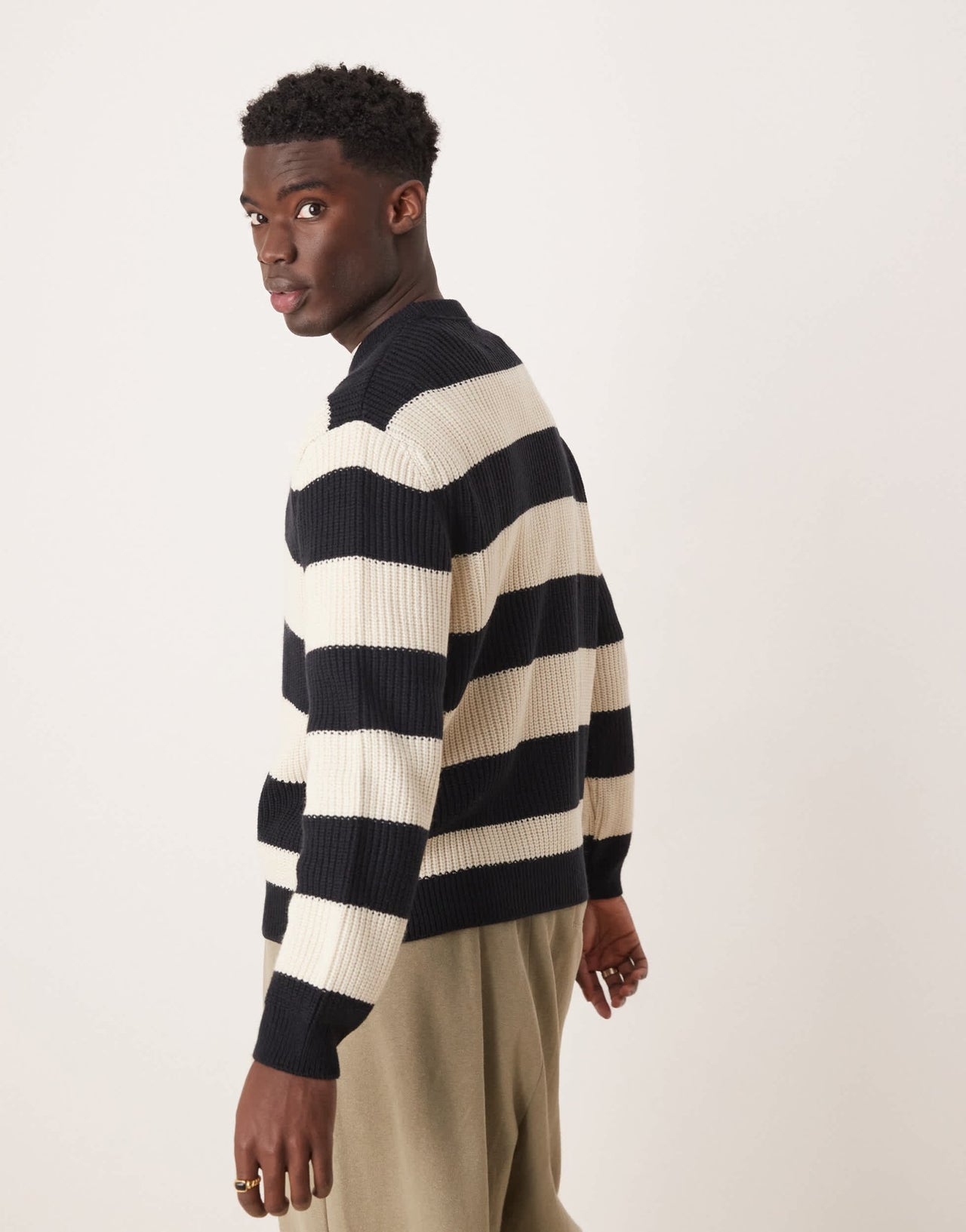 ASOS DESIGN oversized boxy fit knitted fisherman rib jumper with stripe in navy - ASOS Sample Sale