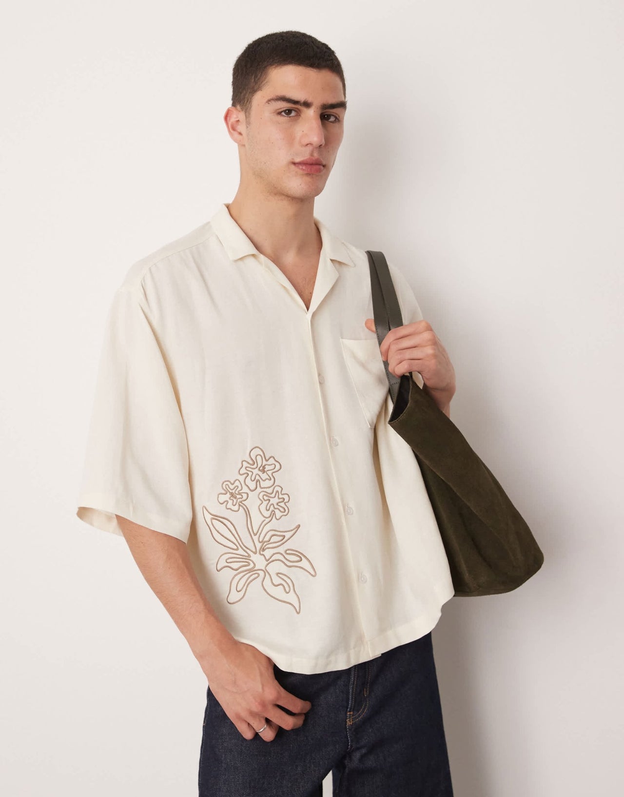 ASOS DESIGN oversized boxy linen look shirt with embroidery in beige - ASOS Sample Sale