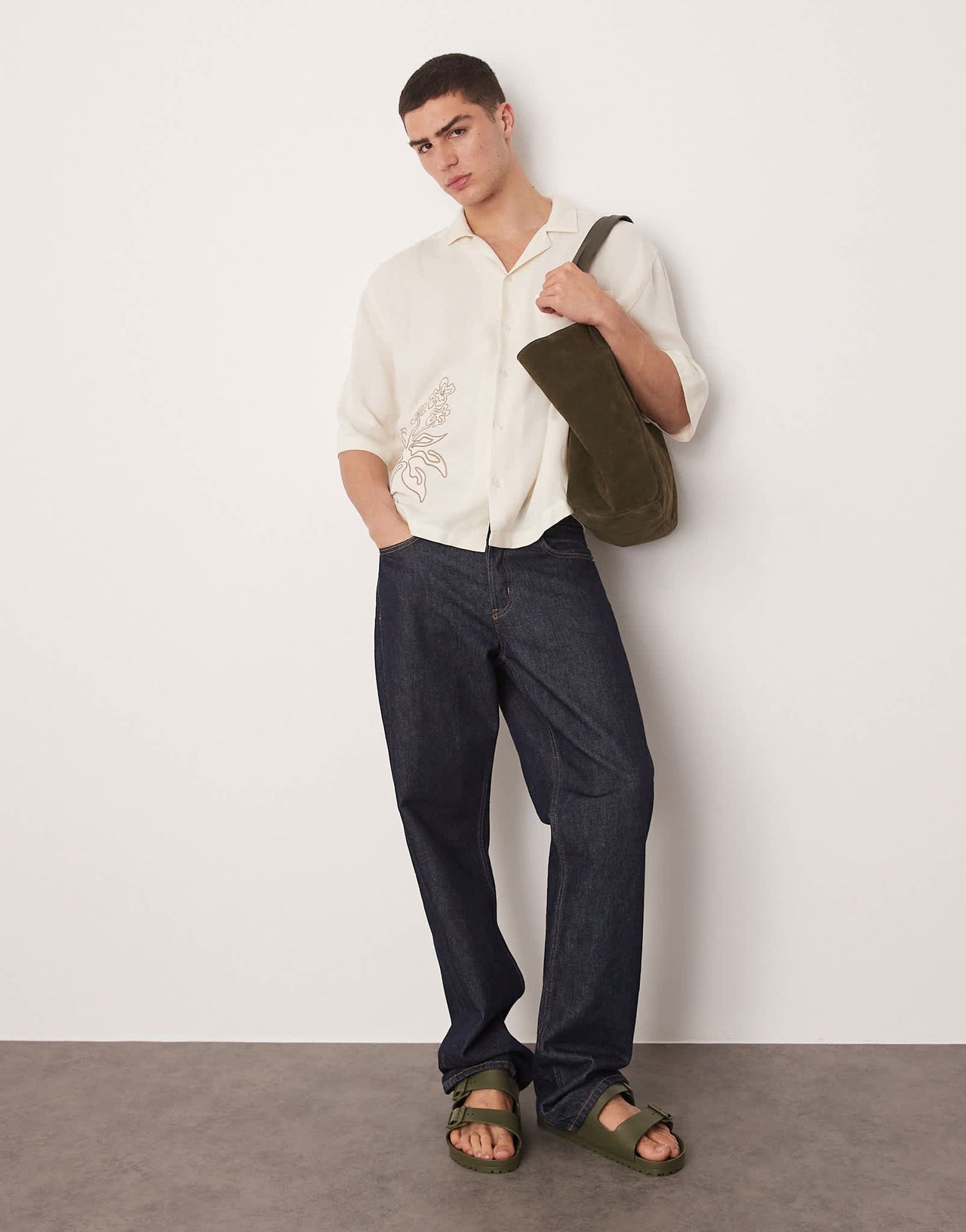 ASOS DESIGN oversized boxy linen look shirt with embroidery in beige - ASOS Sample Sale