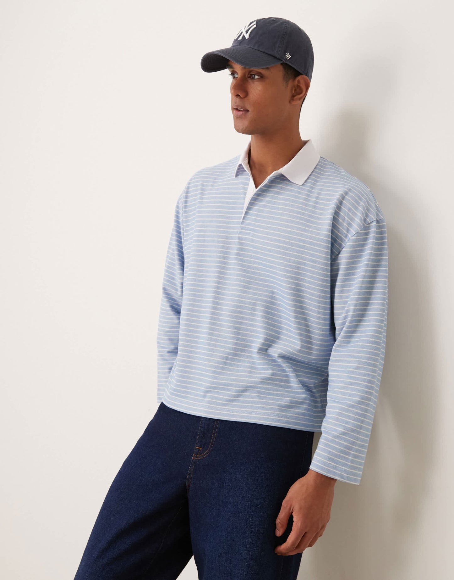 ASOS DESIGN oversized boxy long sleeve polo in blue and white stripe - ASOS Sample Sale