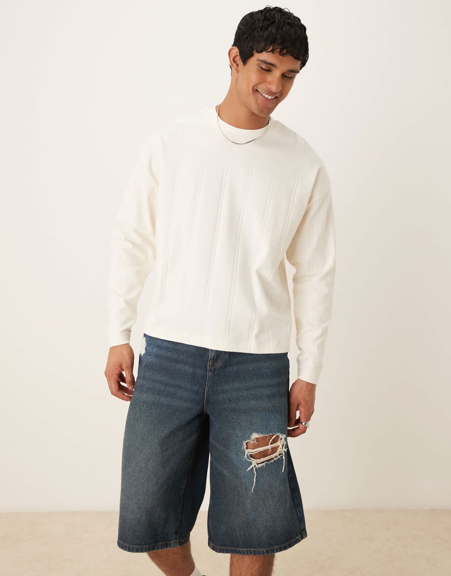 ASOS DESIGN oversized boxy long sleeve t-shirt in cream textured rib - ASOS Sample Sale