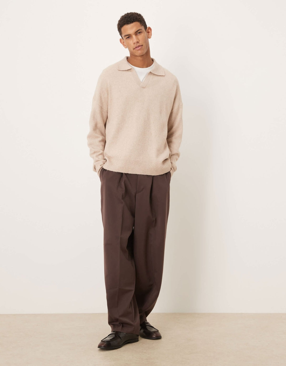 ASOS DESIGN oversized brushed knitted notch neck jumper in stone - ASOS Sample Sale