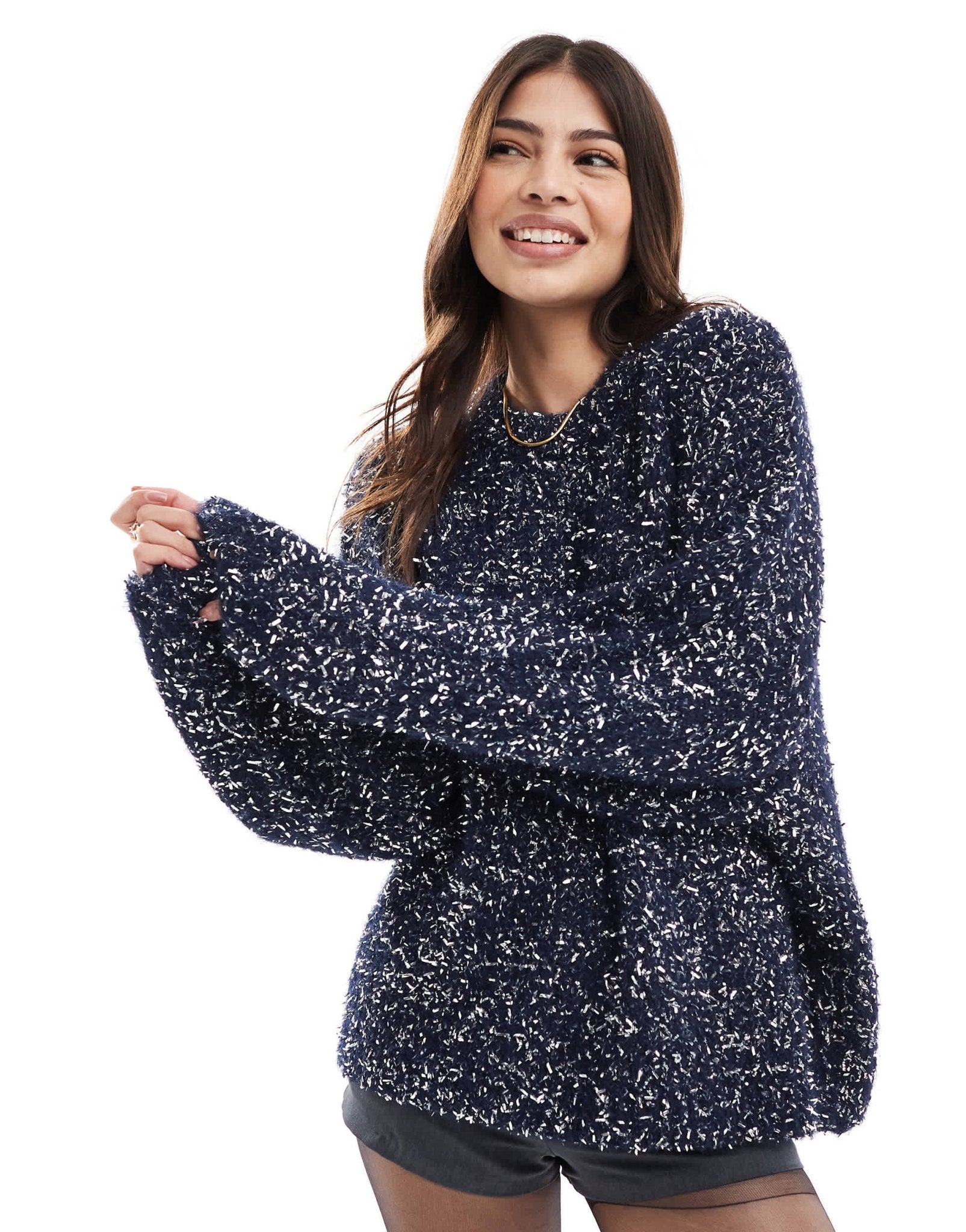 ASOS DESIGN oversized Christmas jumper with tinsel yarn in navy - ASOS Sample Sale