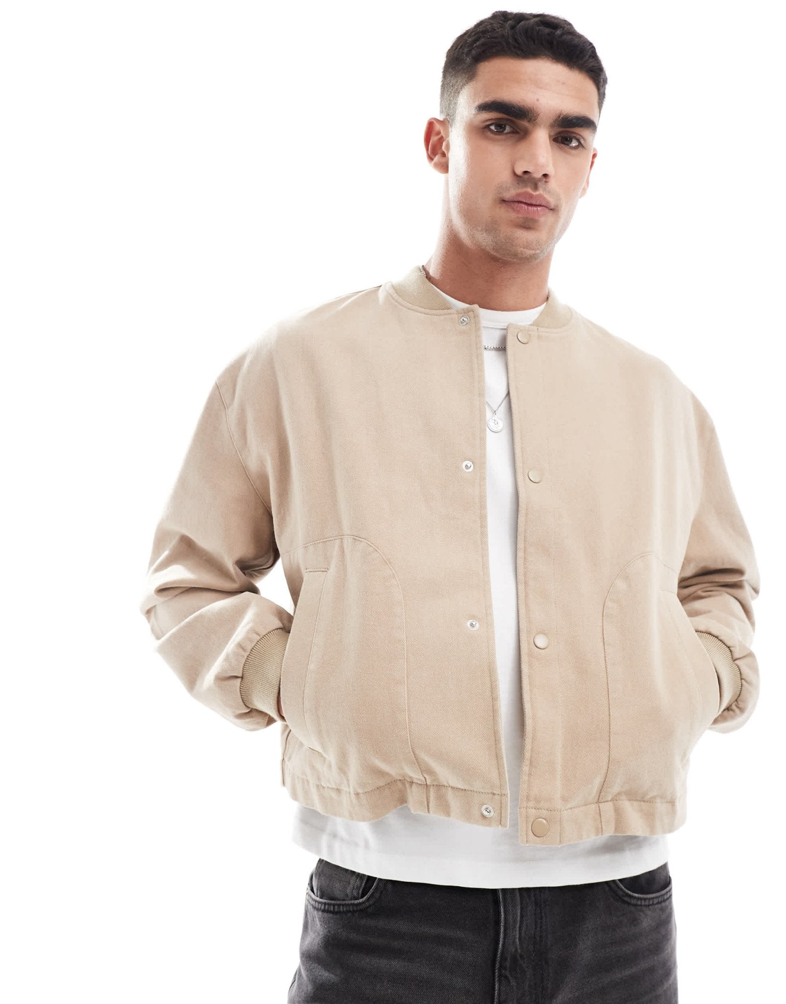 ASOS DESIGN oversized cropped bomber jacket in stone - ASOS Sample Sale