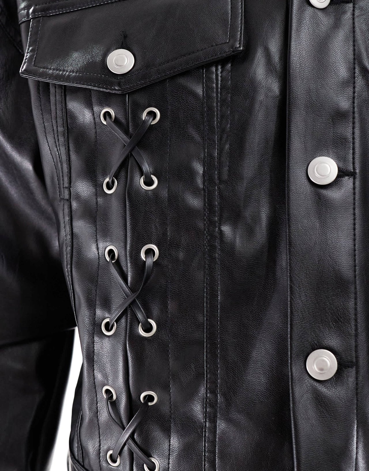 ASOS DESIGN oversized cropped leather look jacket with lace up details in black - ASOS Sample Sale