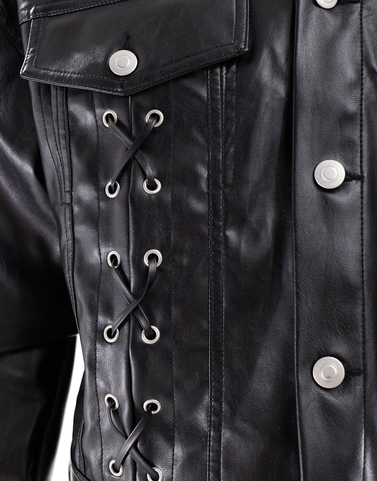 ASOS DESIGN oversized cropped leather look jacket with lace up details in black - ASOS Sample Sale