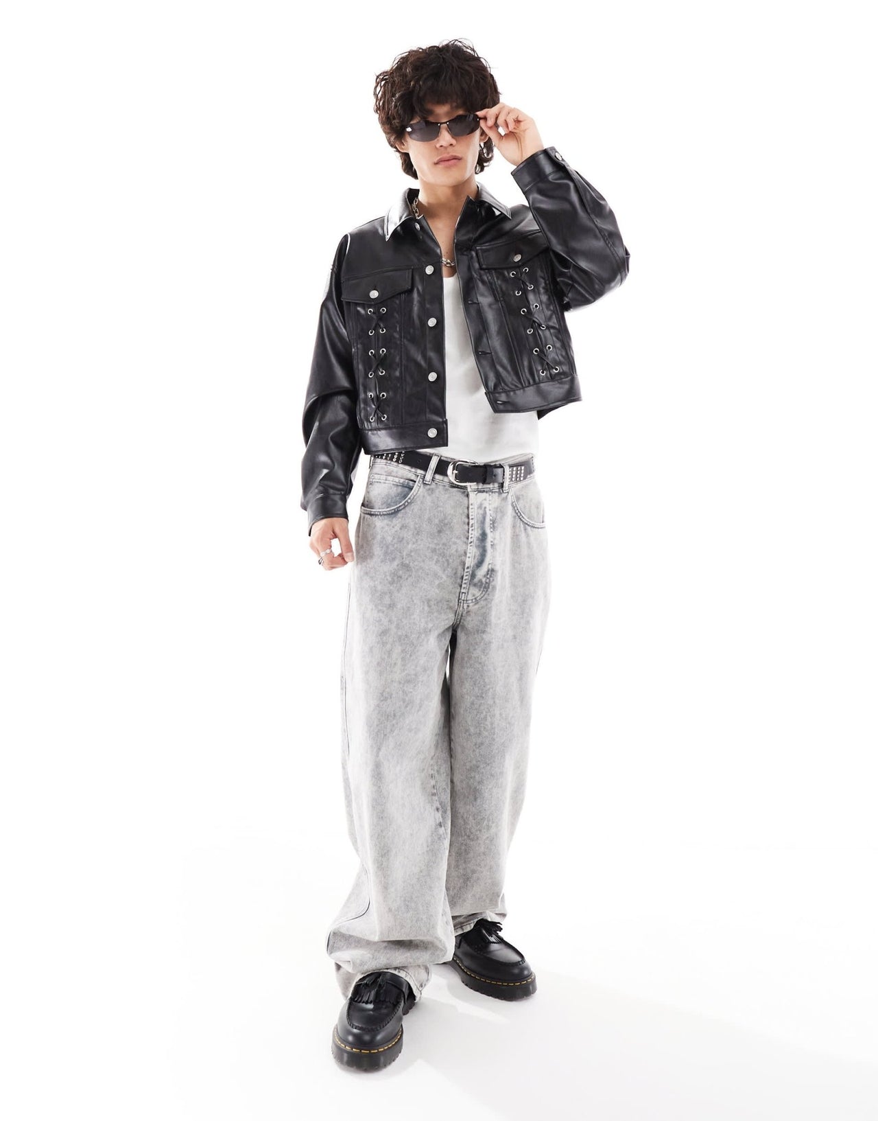 ASOS DESIGN oversized cropped leather look jacket with lace up details in black - ASOS Sample Sale