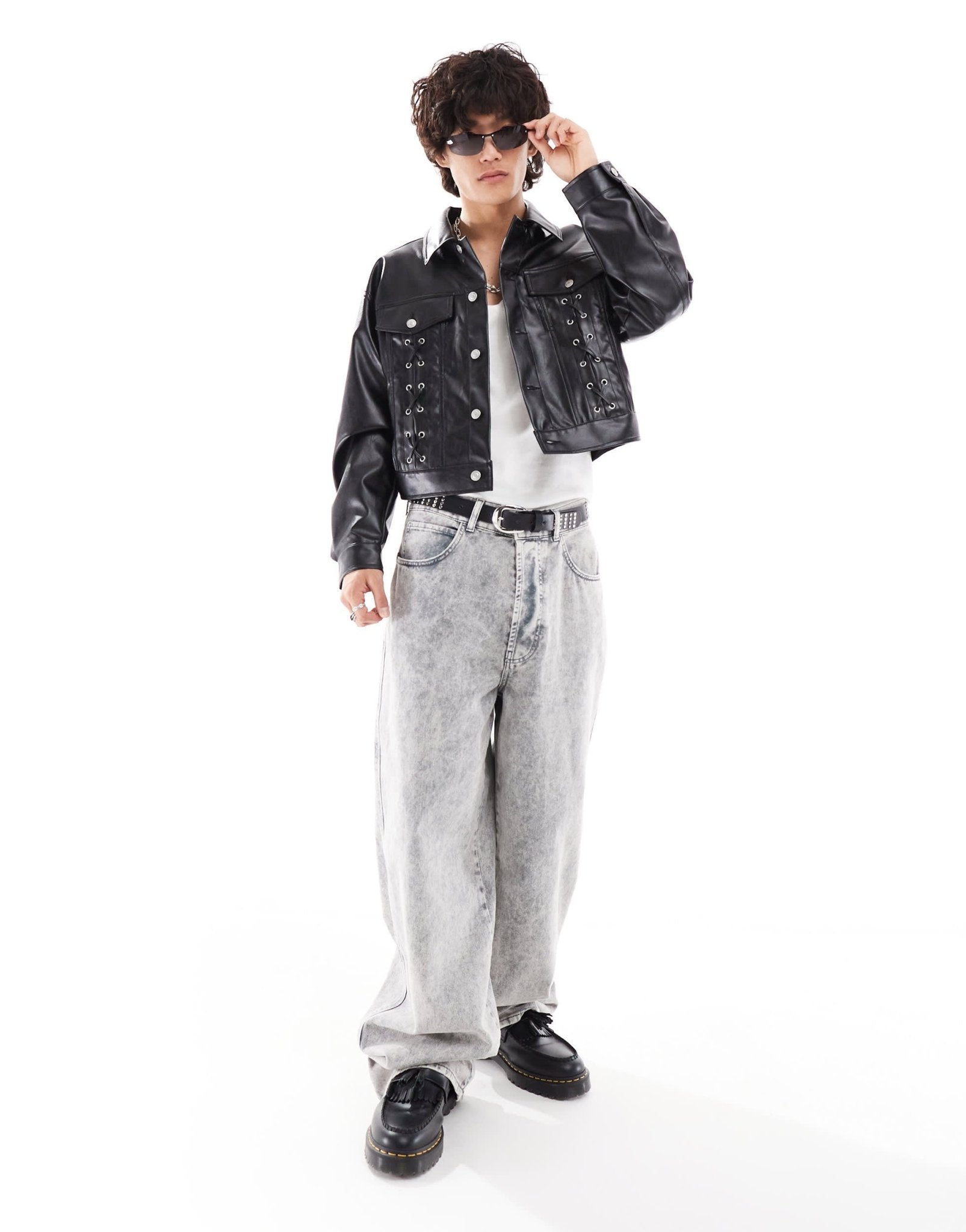 ASOS DESIGN oversized cropped leather look jacket with lace up details in black - ASOS Sample Sale
