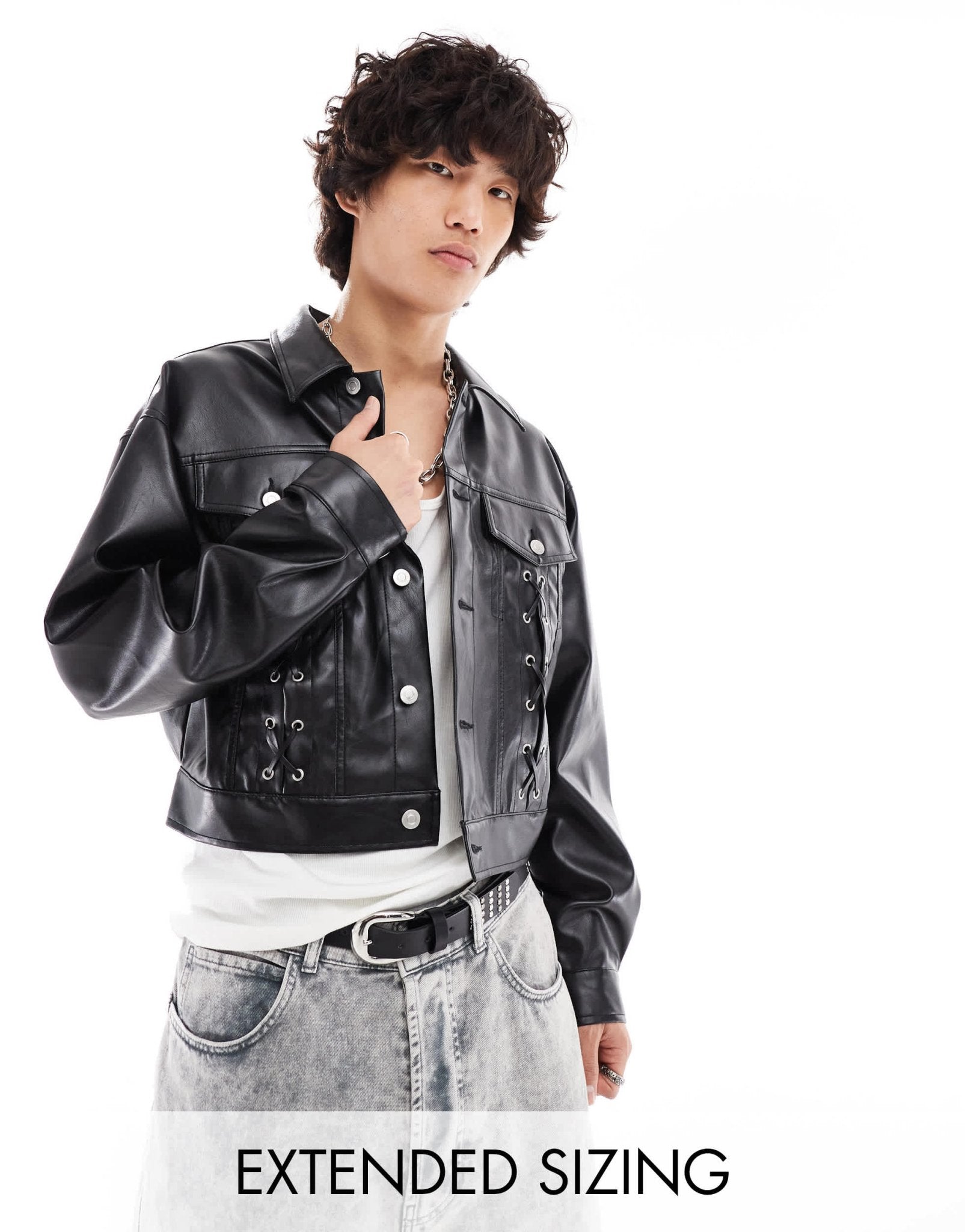 ASOS DESIGN oversized cropped leather look jacket with lace up details in black - ASOS Sample Sale