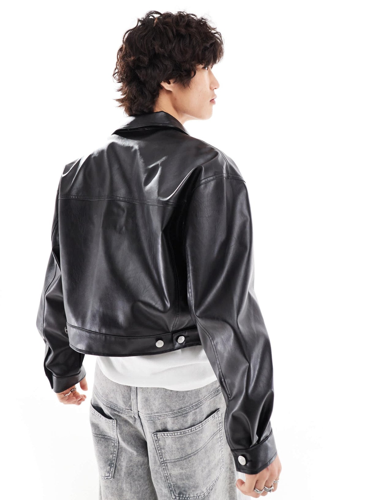 ASOS DESIGN oversized cropped leather look jacket with lace up details in black - ASOS Sample Sale