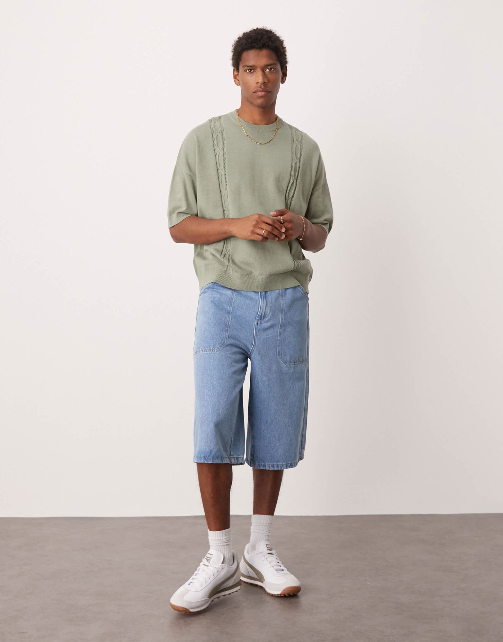 ASOS DESIGN oversized fit knitted crew neck t-shirt with embroidery detail in sage green - ASOS Sample Sale