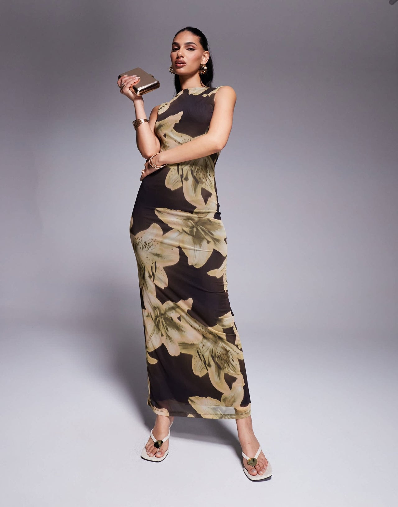ASOS DESIGN oversized floral printed mesh slash neck maxi dress in brown - ASOS Sample Sale