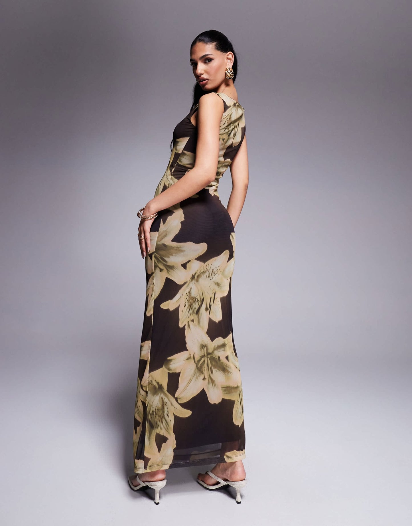 ASOS DESIGN oversized floral printed mesh slash neck maxi dress in brown - ASOS Sample Sale