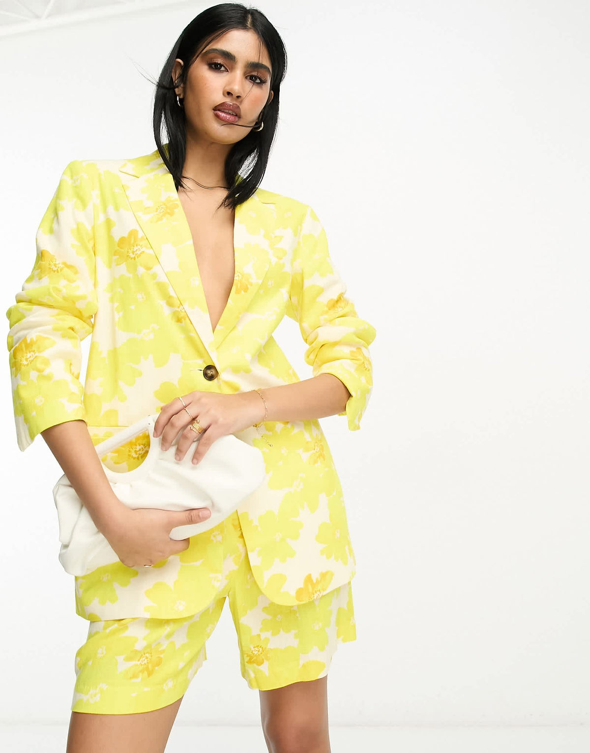 ASOS DESIGN oversized floral printed slim fit suit blazer with linen in yellow - ASOS Sample Sale