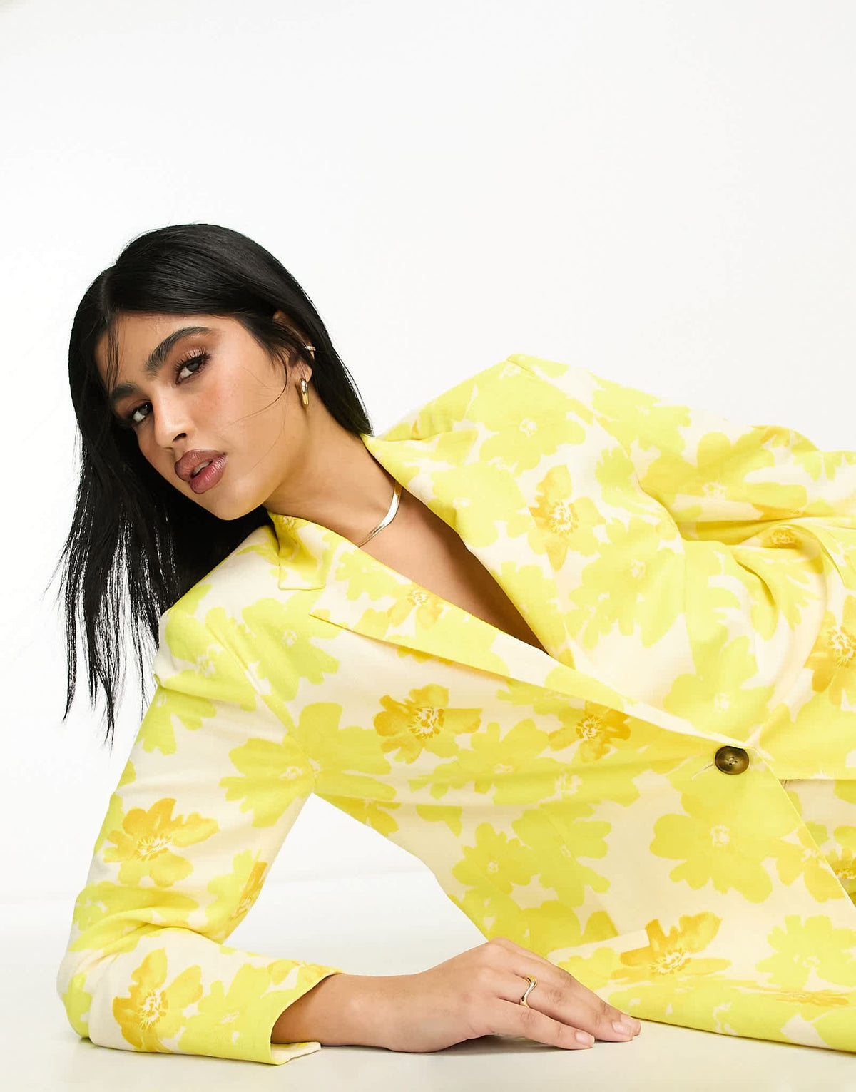 ASOS DESIGN oversized floral printed slim fit suit blazer with linen in yellow - ASOS Sample Sale
